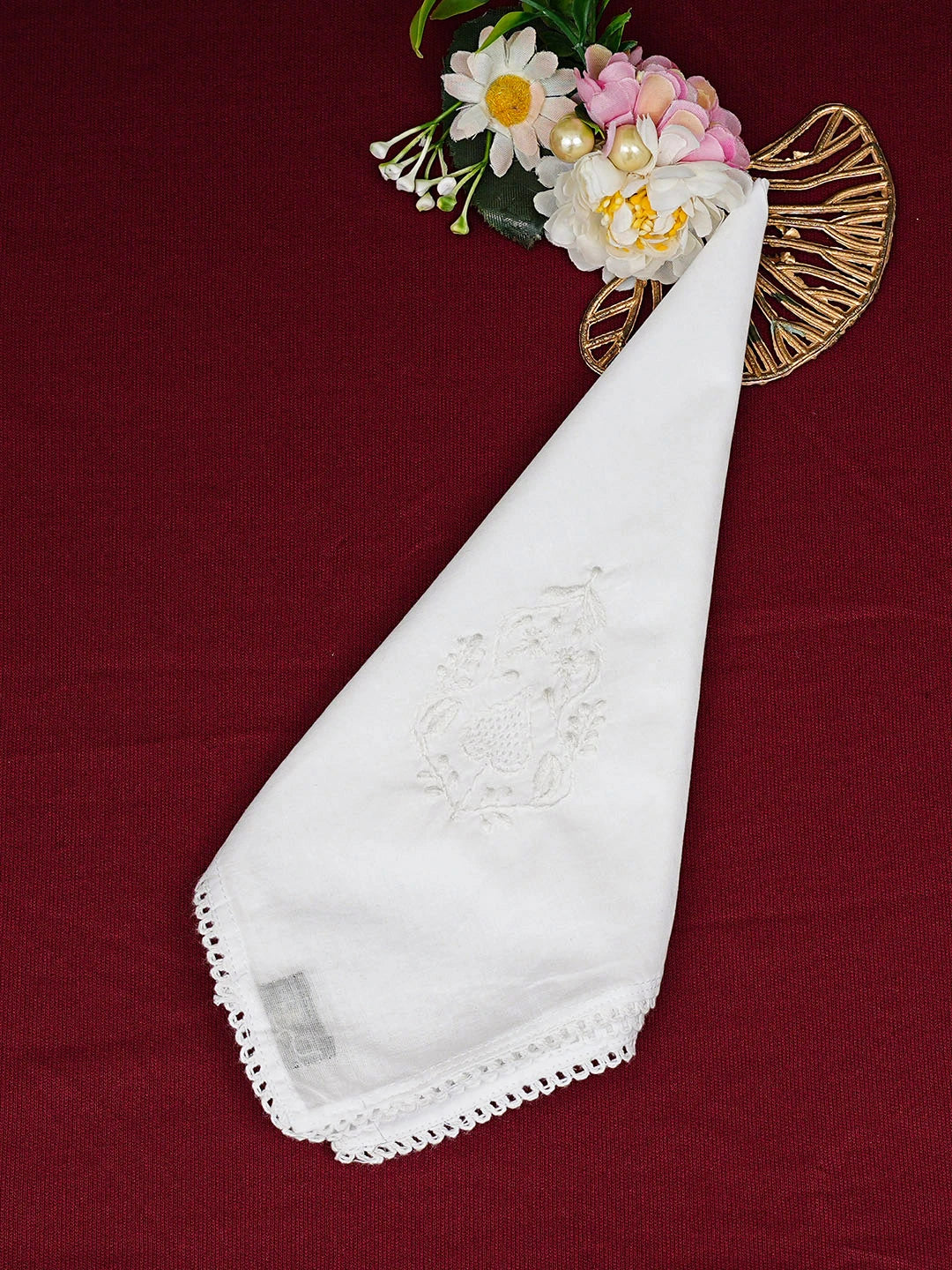 Ada Hand Embroidered White Cotton Lucknowi Chikankari Napkin 01A943773
