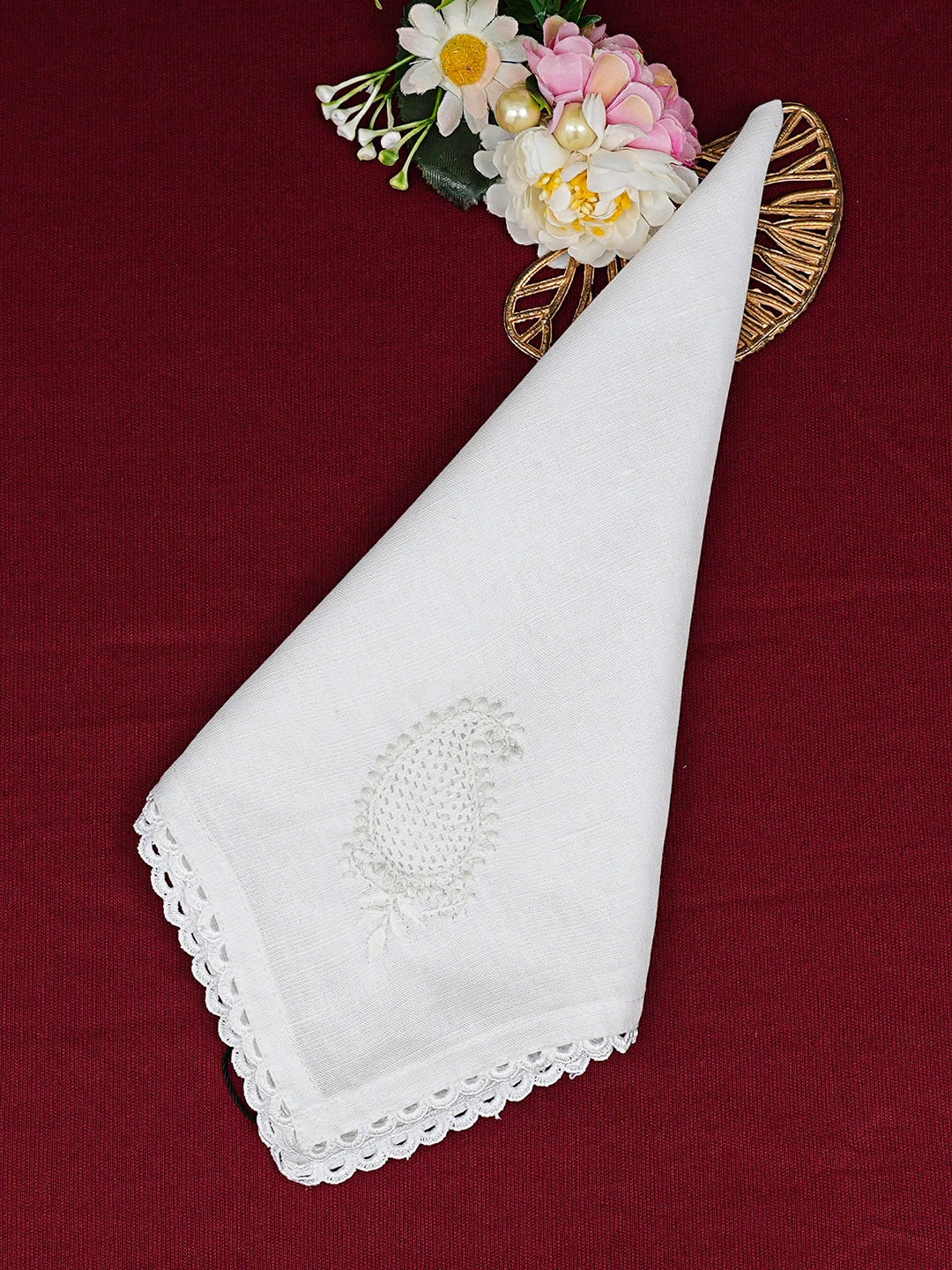 Ada Hand Embroidered White Cotton Lucknowi Chikankari Napkin 01A363383