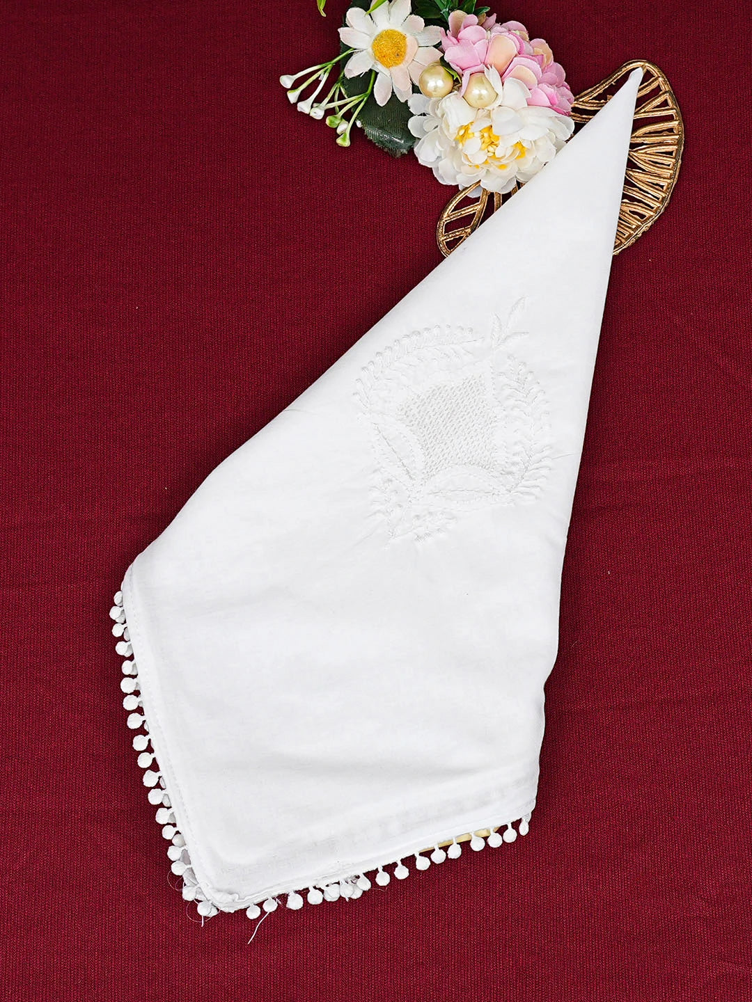 Ada Hand Embroidered White Cotton Lucknowi Chikankari Napkin 01A943005