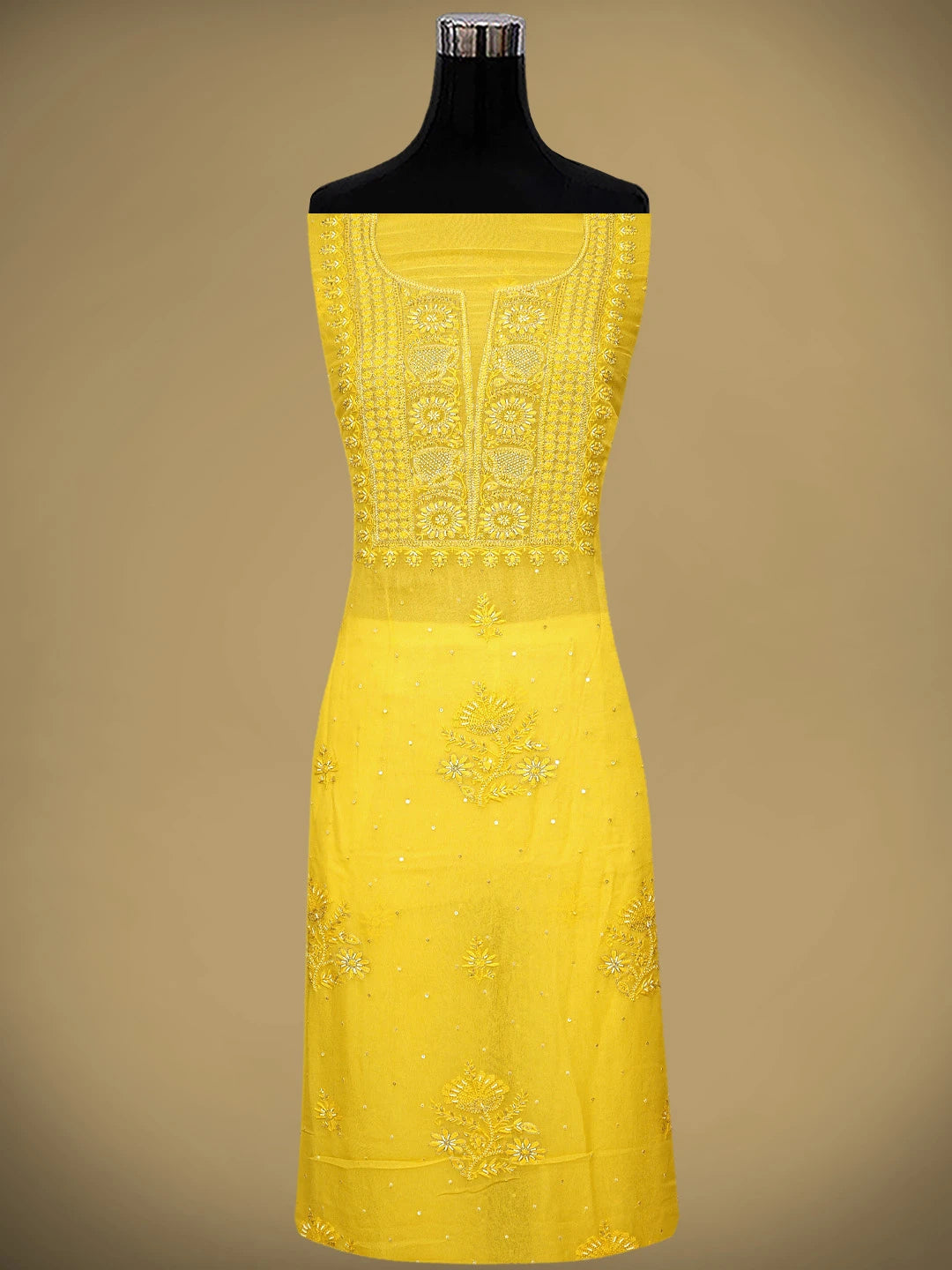 Ada Hand Embroidered Mustard Yellow Viscose Georgette Lucknowi Chikankari Unstitched Kurta Dupatta Set With Pearl Work 01A810409