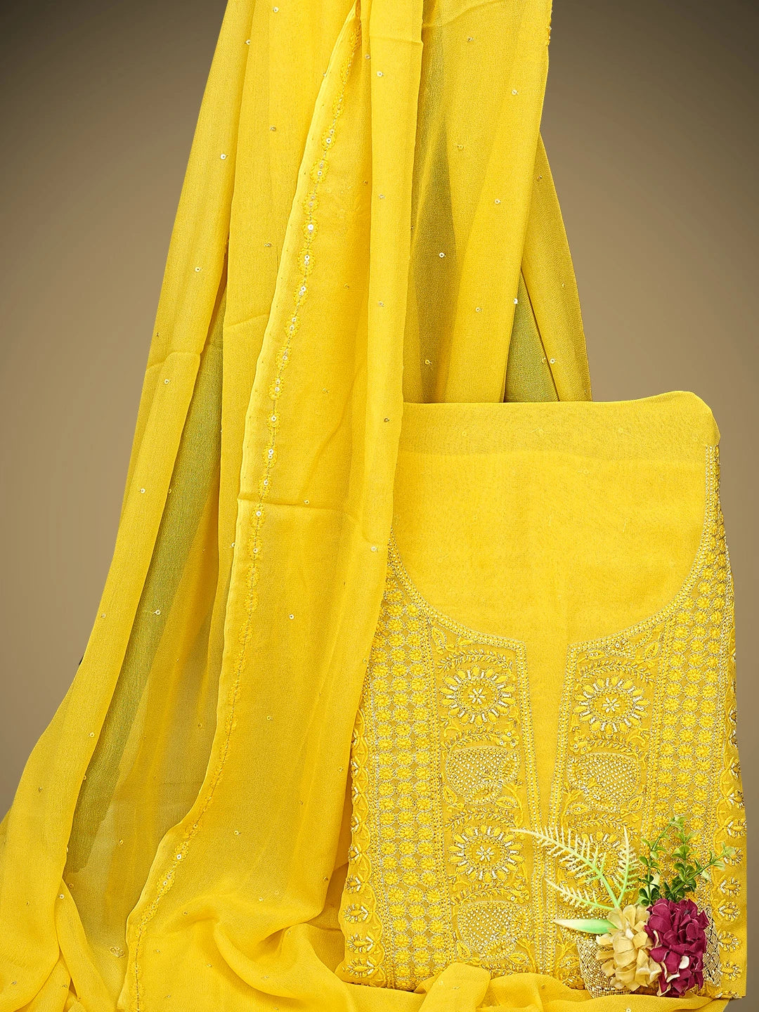 Ada Hand Embroidered Mustard Yellow Viscose Georgette Lucknowi Chikankari Unstitched Kurta Dupatta Set With Pearl Work 01A810409