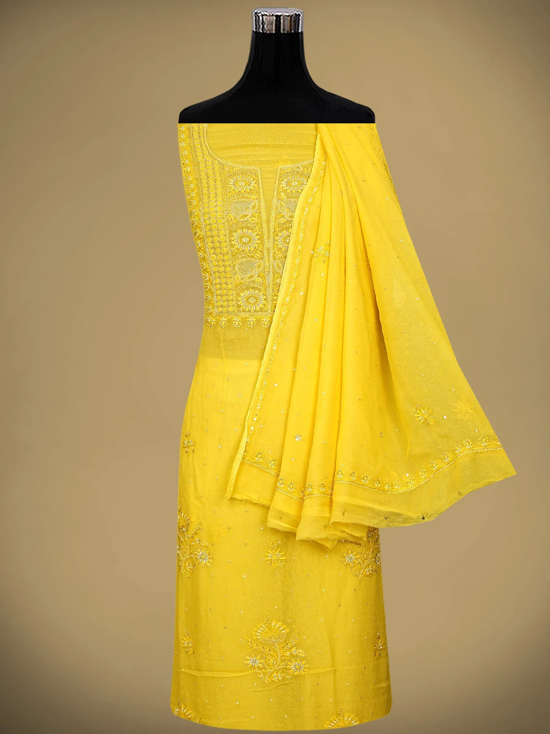 Ada Hand Embroidered Mustard Yellow Viscose Georgette Lucknowi Chikankari Unstitched Kurta Dupatta Set With Pearl Work 01A810409