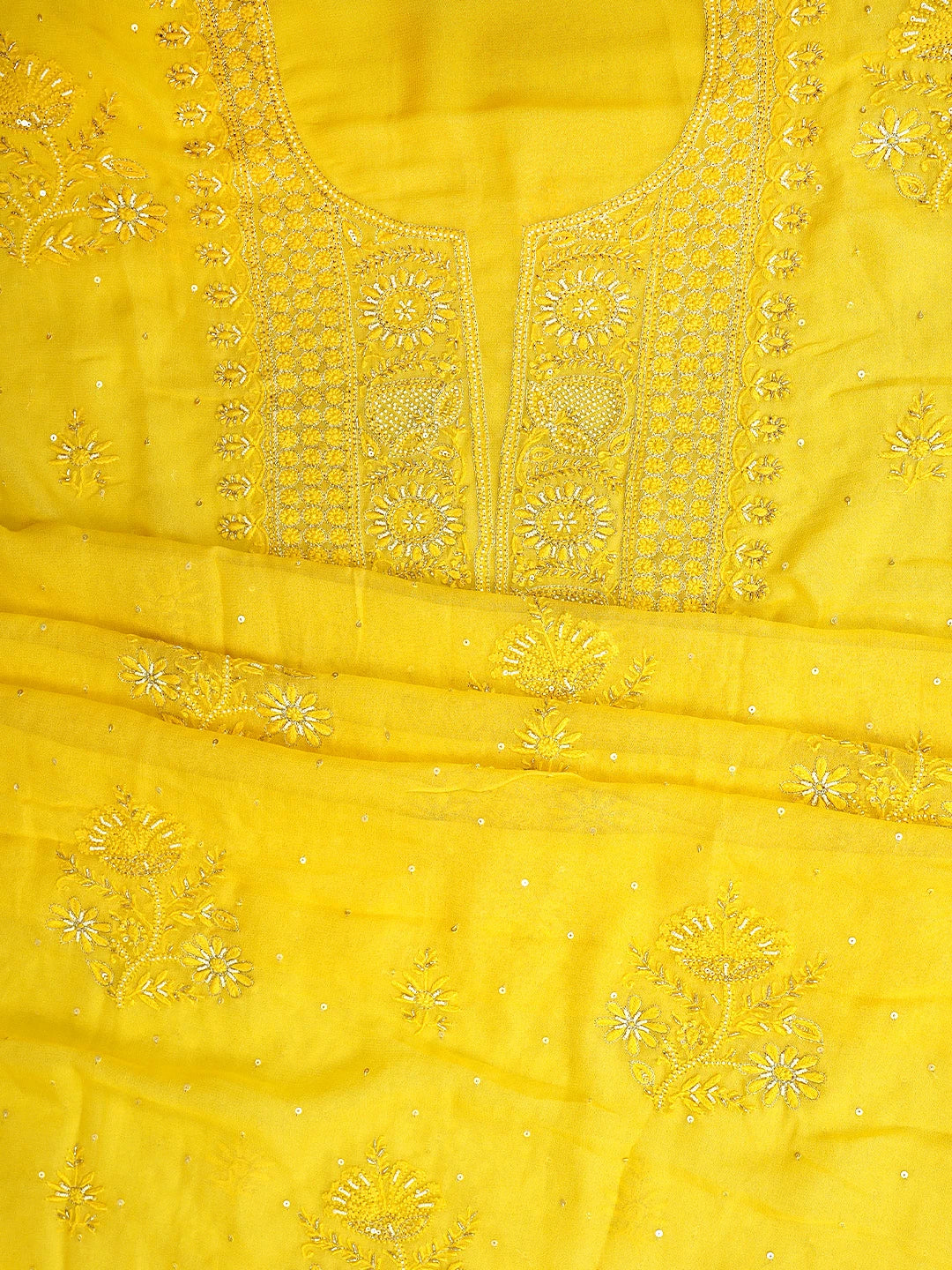 Ada Hand Embroidered Mustard Yellow Viscose Georgette Lucknowi Chikankari Unstitched Kurta Dupatta Set With Pearl Work 01A810409