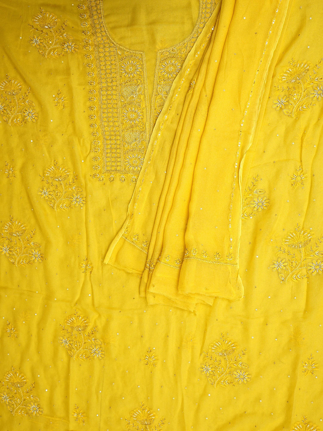 Ada Hand Embroidered Mustard Yellow Viscose Georgette Lucknowi Chikankari Unstitched Kurta Dupatta Set With Pearl Work 01A810409