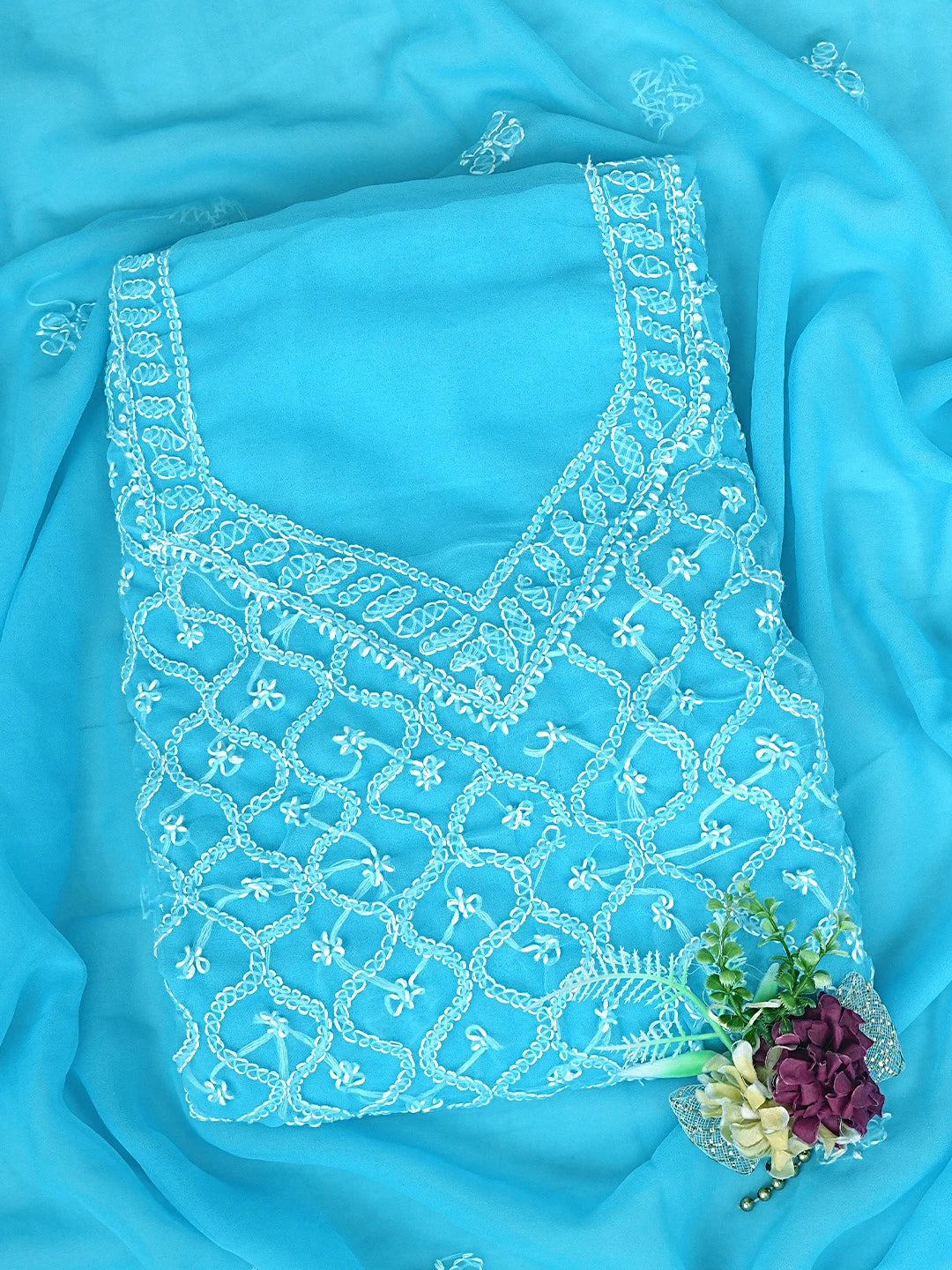 Ada Hand Embroidered Blue Georgette Lucknowi Chikankari Unstitched Suit Piece 01A879216