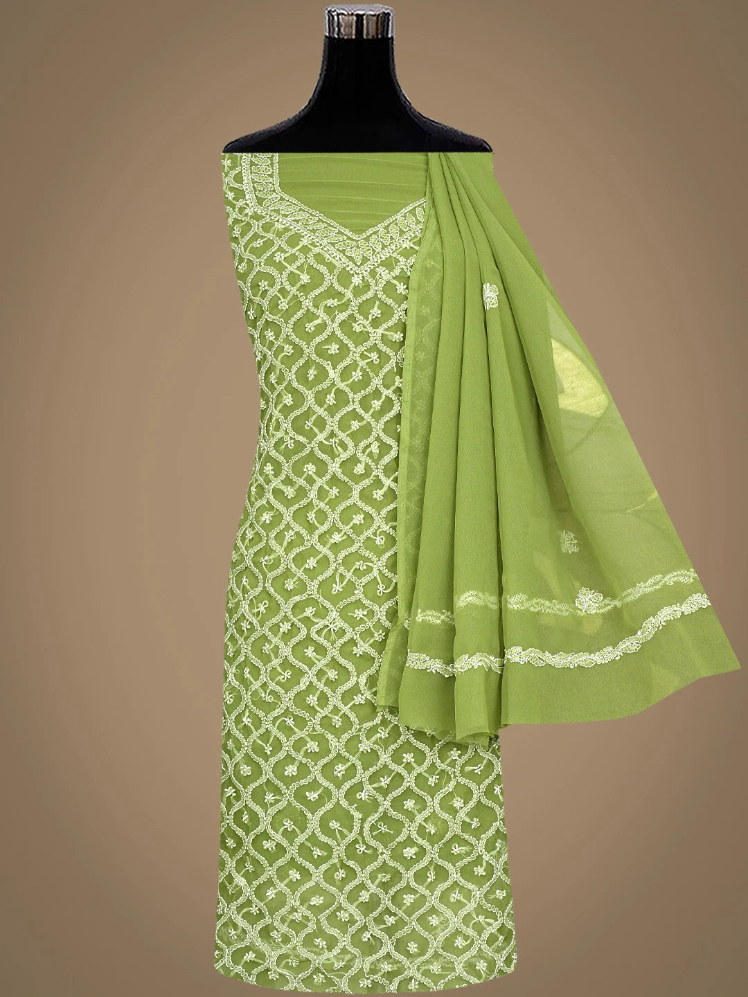 Ada Hand Embroidered Mehandi Green Georgette Lucknowi Chikankari Unstitched Suit Piece 01A879236