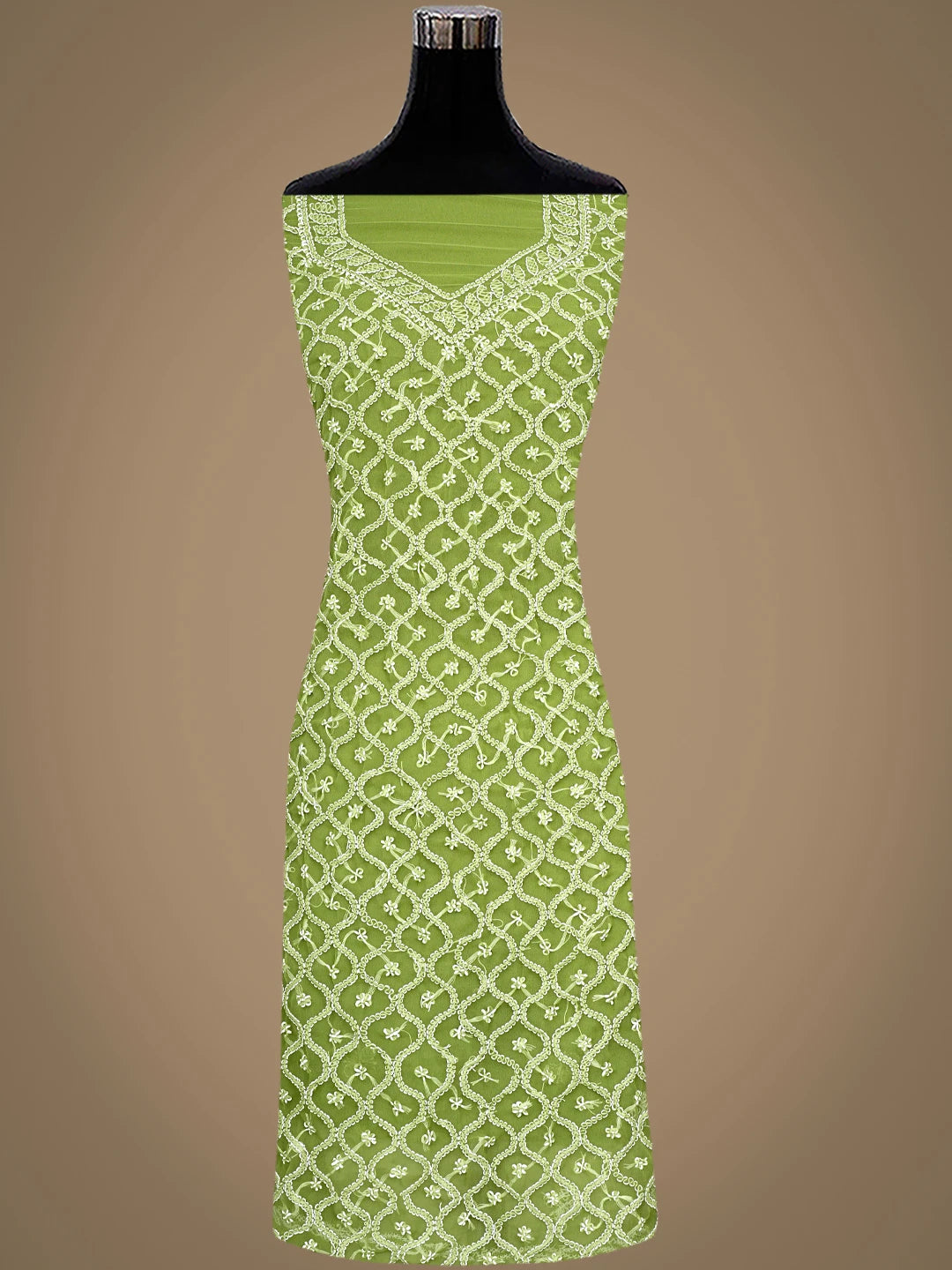 Ada Hand Embroidered Mehandi Green Georgette Lucknowi Chikankari Unstitched Suit Piece 01A879236