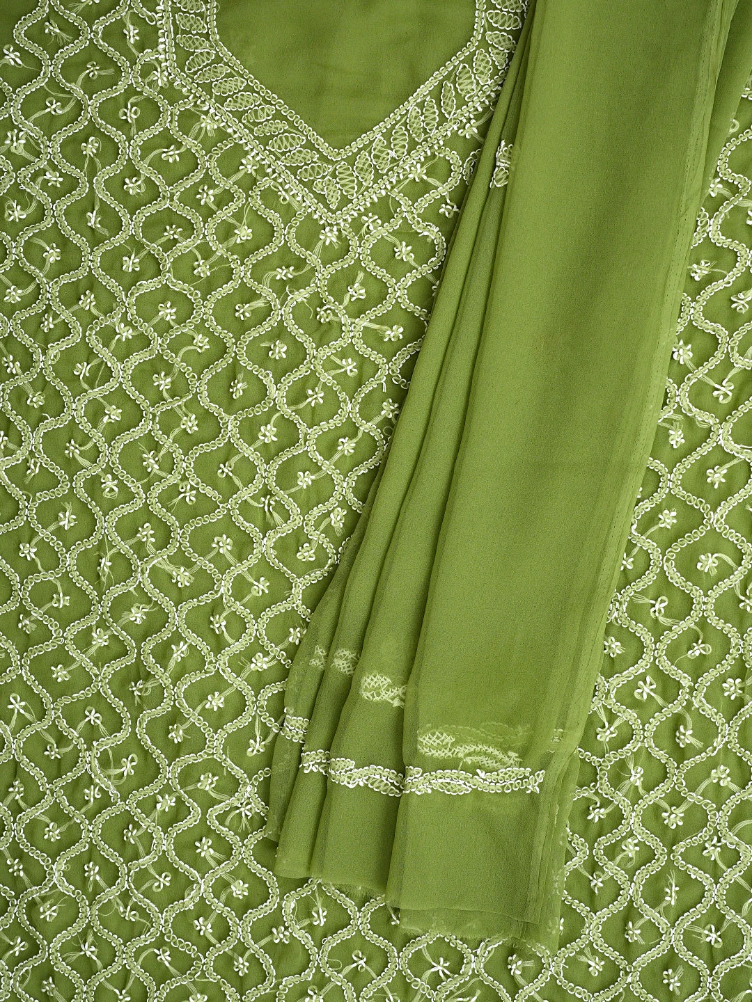 Ada Hand Embroidered Mehandi Green Georgette Lucknowi Chikankari Unstitched Suit Piece 01A879236