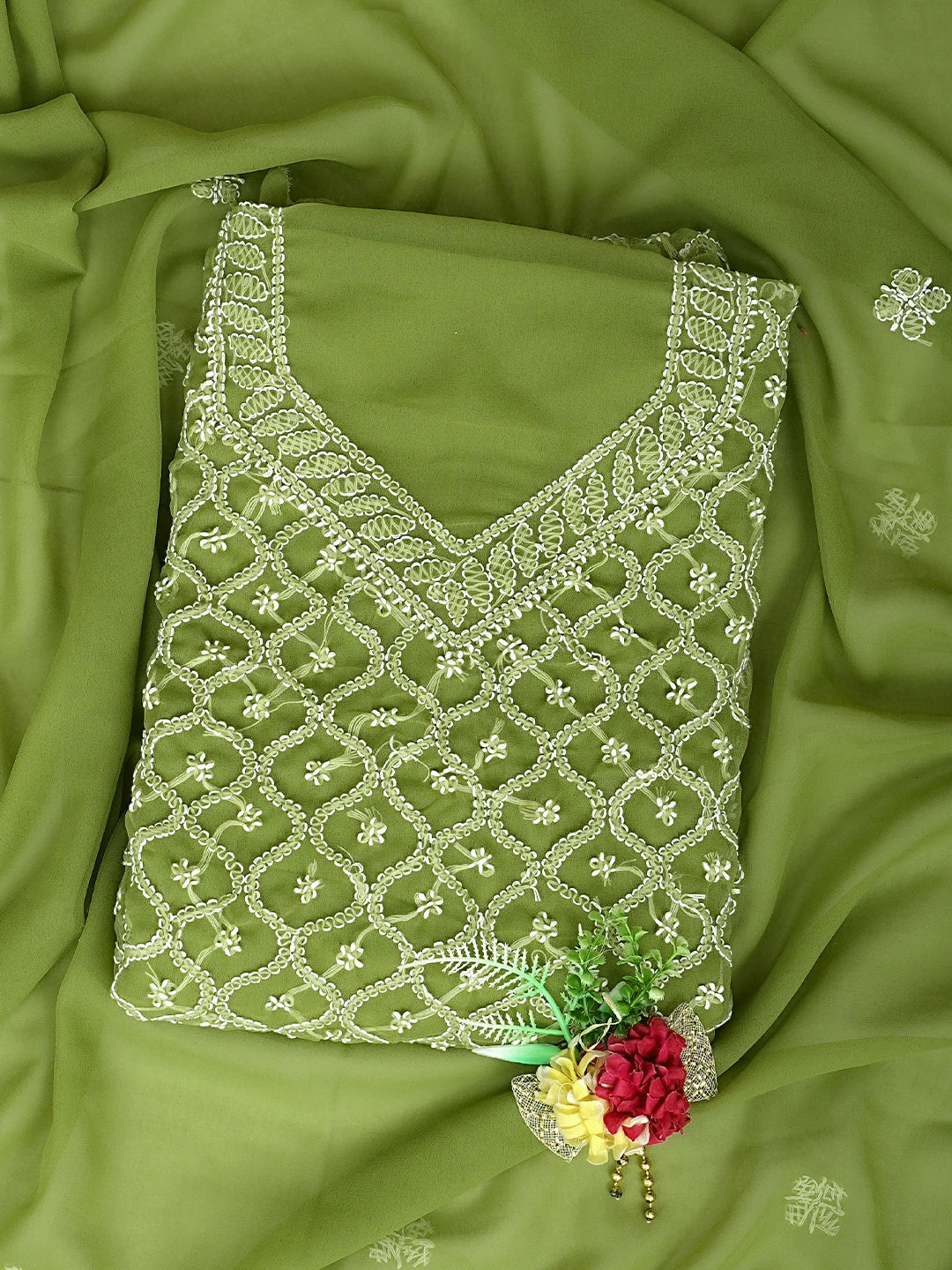 Ada Hand Embroidered Mehandi Green Georgette Lucknowi Chikankari Unstitched Suit Piece 01A879236