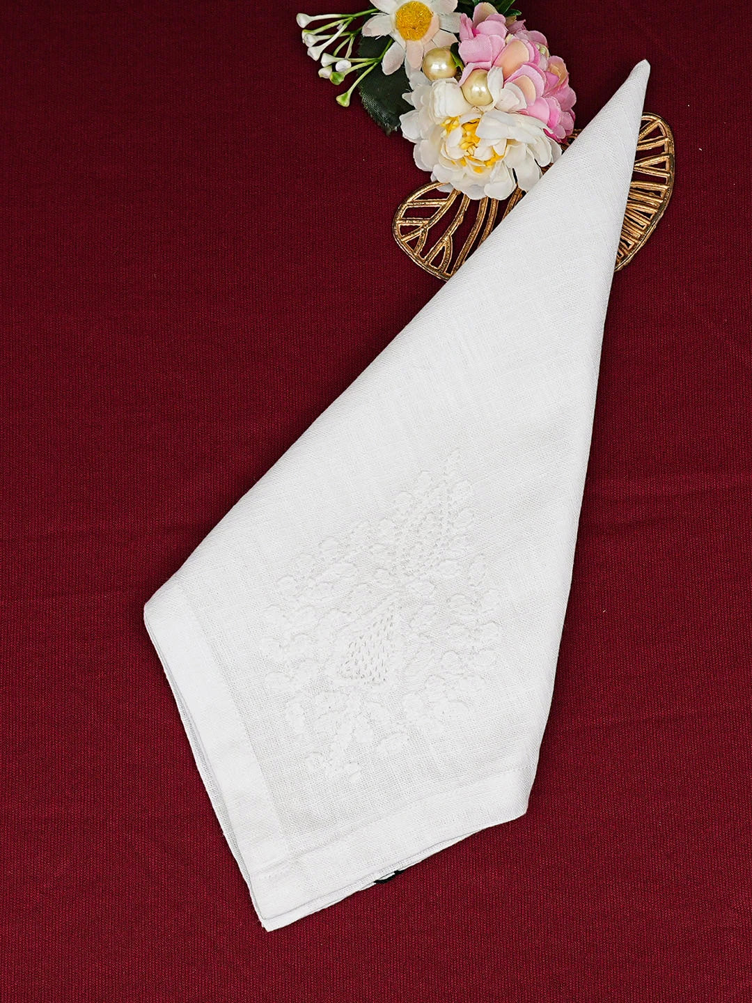 Ada Hand Embroidered White Linen Lucknowi Chikankari Napkin 01A732406