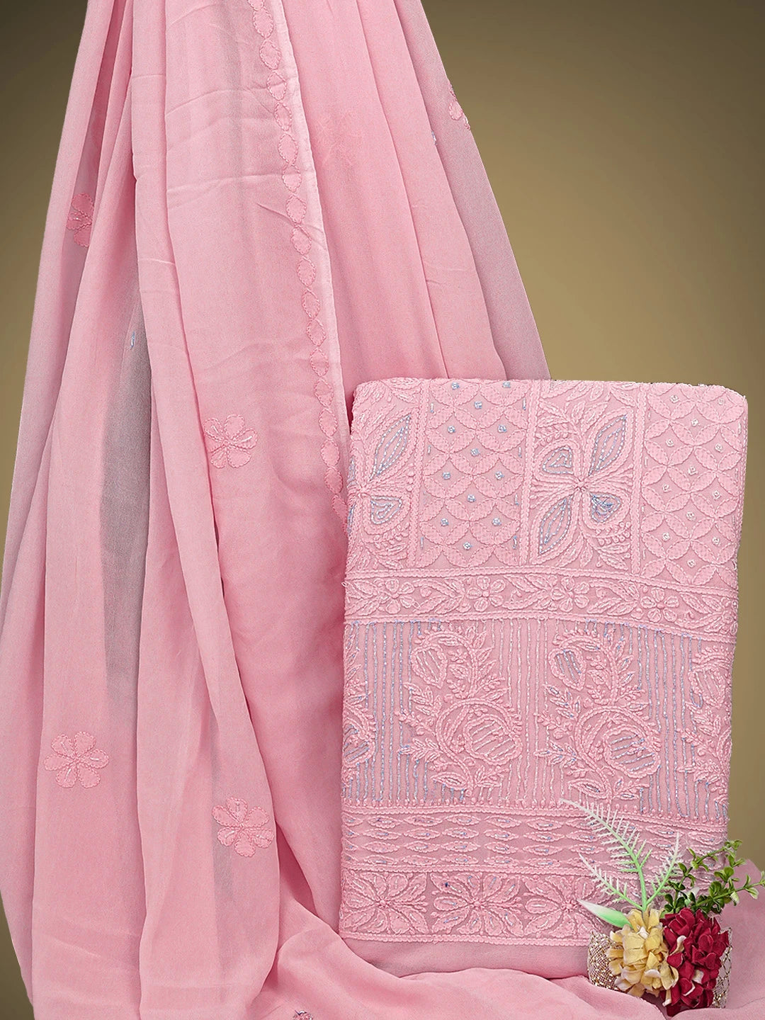 Ada Hand Embroidered Light Pink Viscose Georgette Lucknowi Chikankari Unstitched Kurta Dupatta Set With Cutdana Work 01A816520
