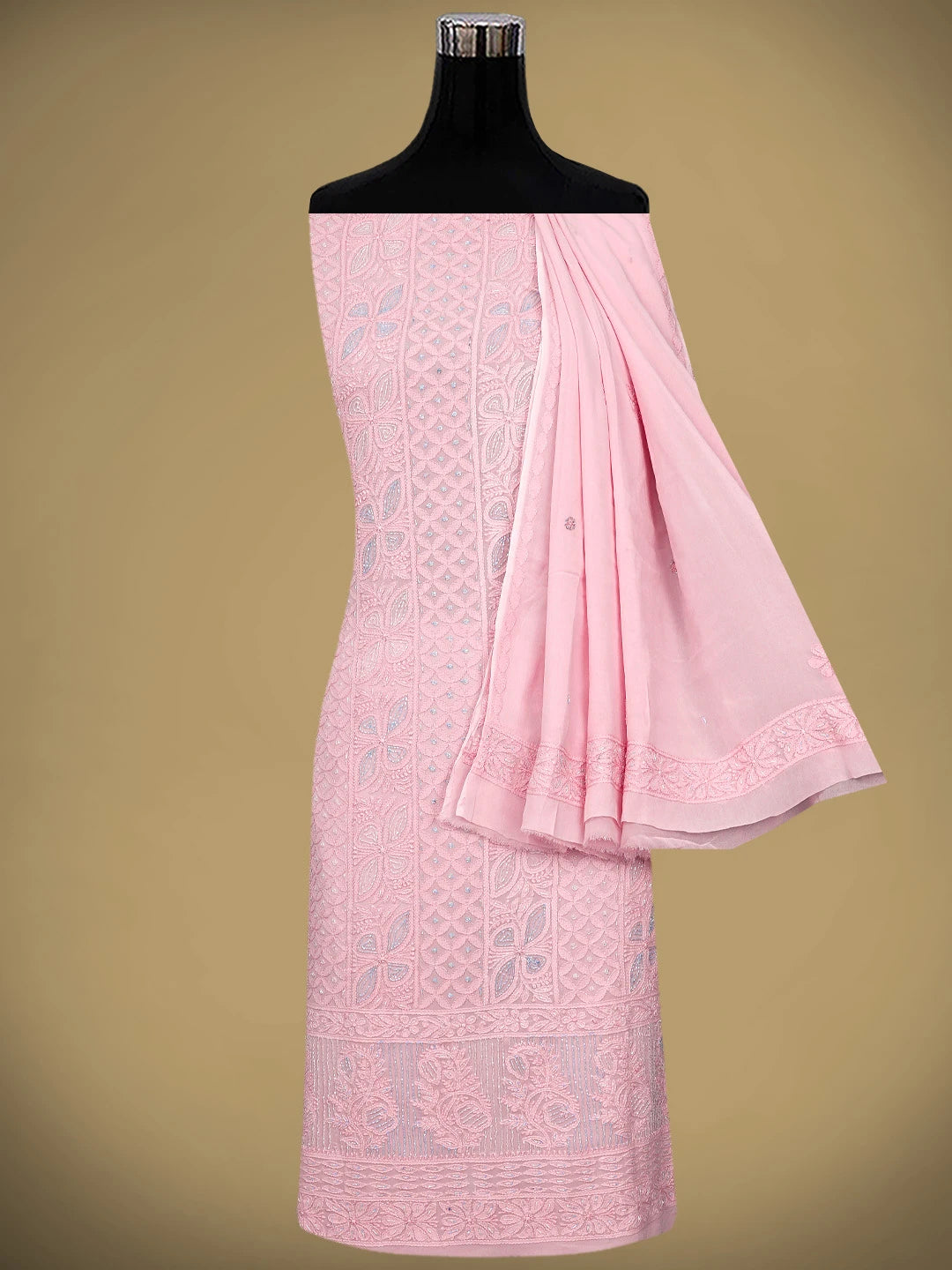 Ada Hand Embroidered Light Pink Viscose Georgette Lucknowi Chikankari Unstitched Kurta Dupatta Set With Cutdana Work 01A816520
