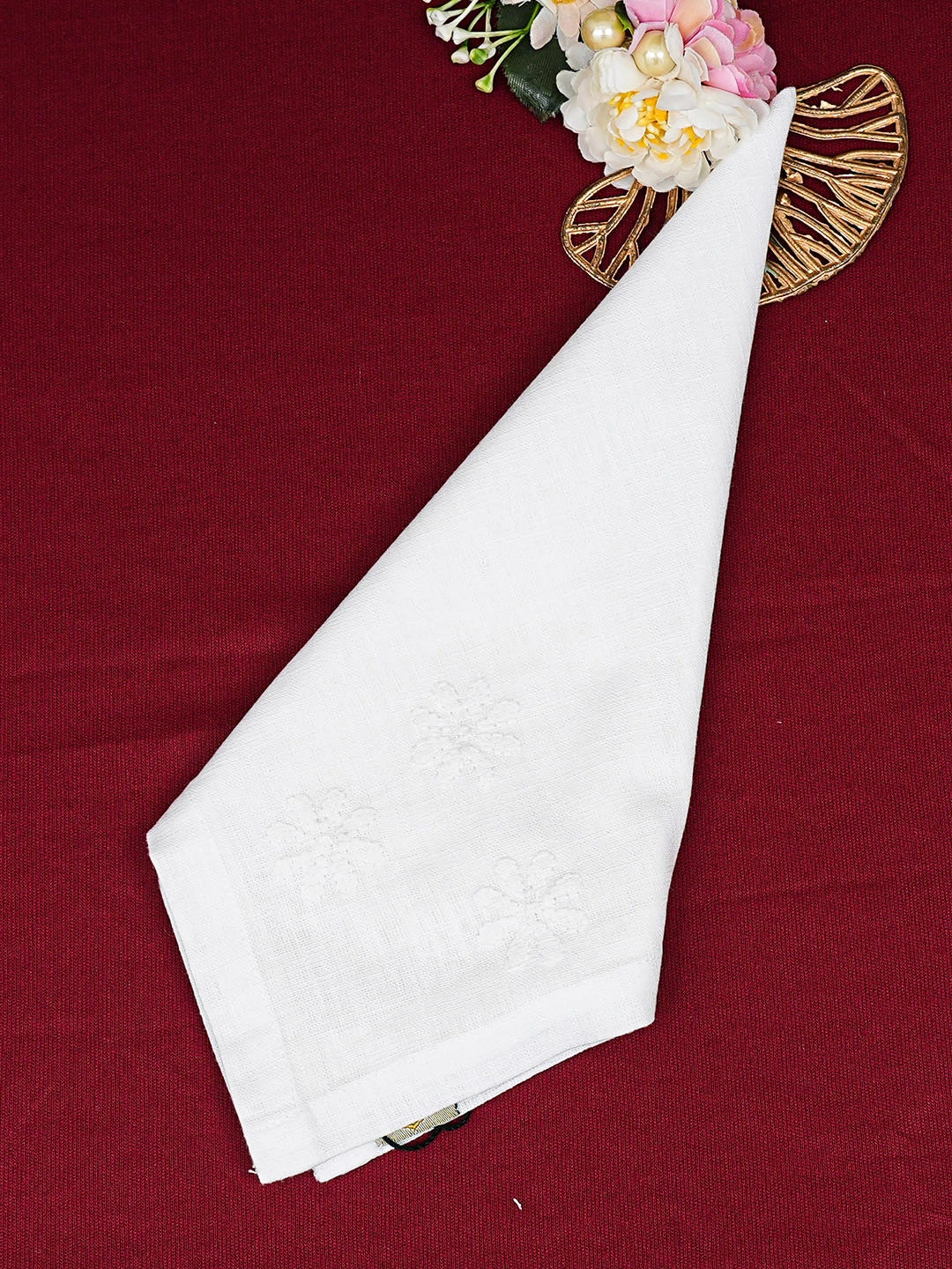 Ada Hand EmbroideredWhite  Linen Lucknowi Chikankari Napkin 01A732278