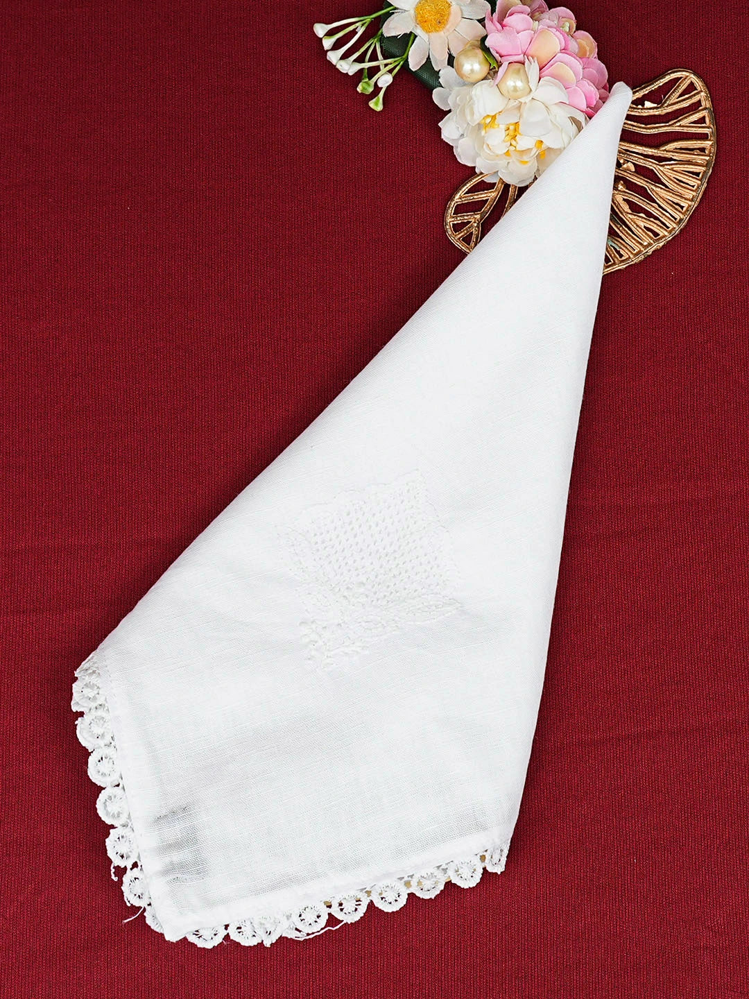 Ada Hand Embroidered White Linen Lucknowi Chikankari Napkin 01A943888