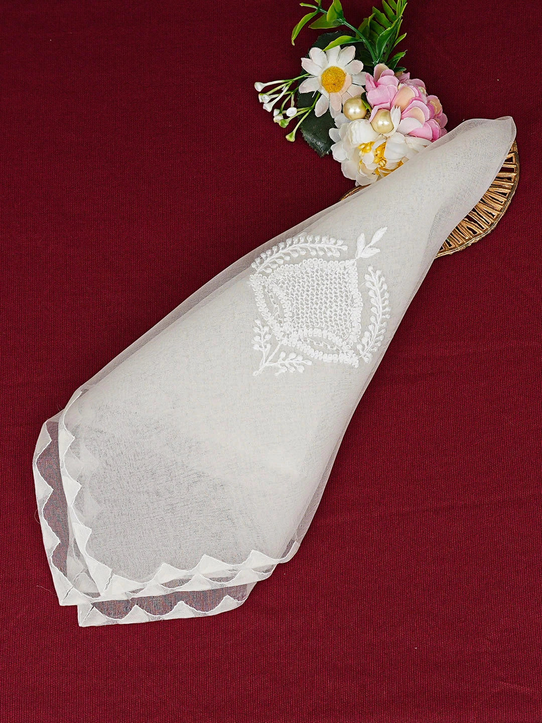 Ada Hand Embroidered White Organza Lucknowi Chikankari Napkin 01A947049