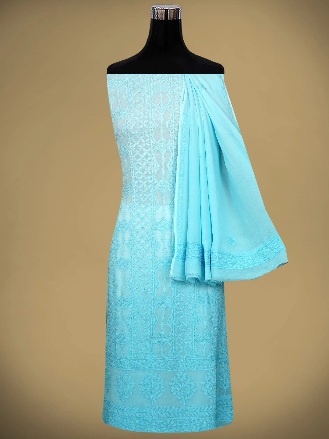 Ada Hand Embroidered Sky Blue Viscose Georgette Lucknowi Chikankari Unstitched Kurta Dupatta Set 01A811117