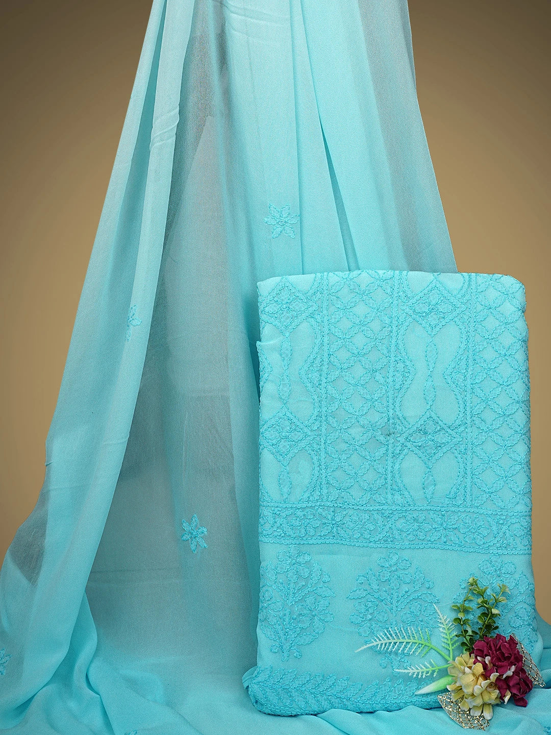 Ada Hand Embroidered Sky Blue Viscose Georgette Lucknowi Chikankari Unstitched Kurta Dupatta Set 01A811117