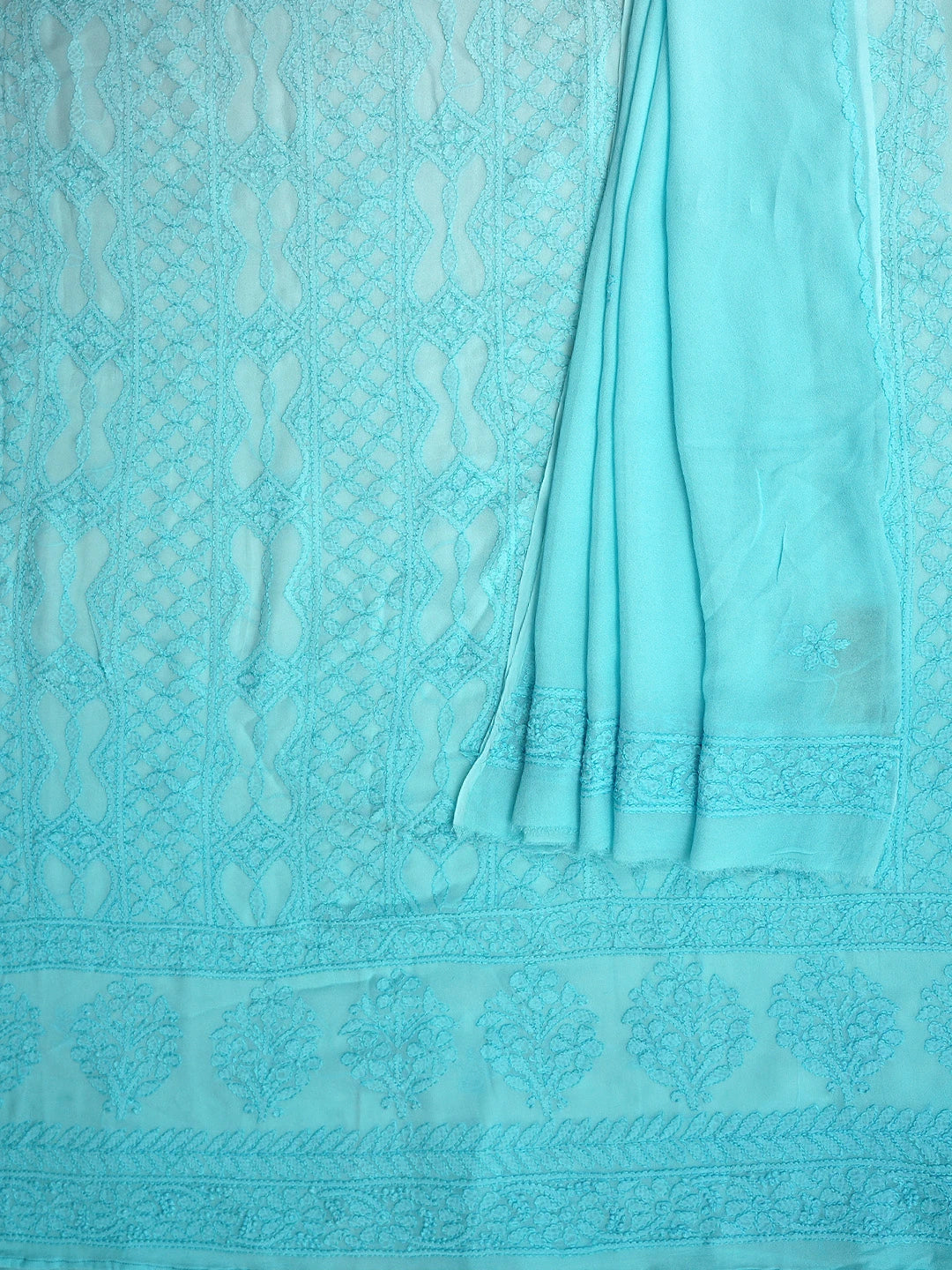 Ada Hand Embroidered Sky Blue Viscose Georgette Lucknowi Chikankari Unstitched Kurta Dupatta Set 01A811117