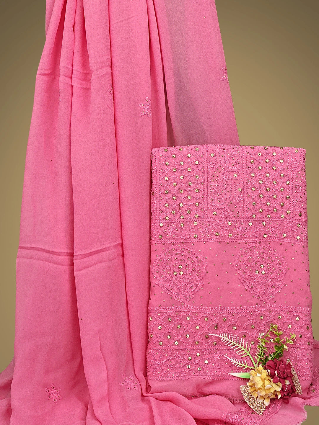 Ada Hand Embroidered Rose Pink Viscose Georgette Lucknowi Chikankari Unstitched Kurta Dupatta Set With Muqaish Work 01A802246