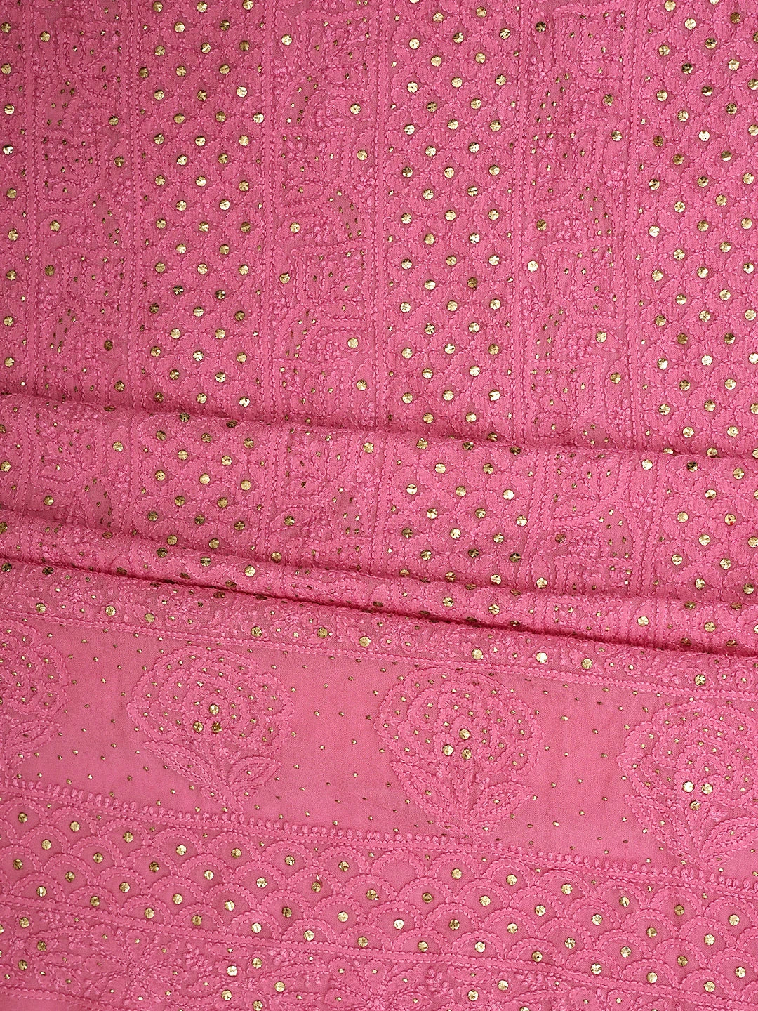Ada Hand Embroidered Rose Pink Viscose Georgette Lucknowi Chikankari Unstitched Kurta Dupatta Set With Muqaish Work 01A802246