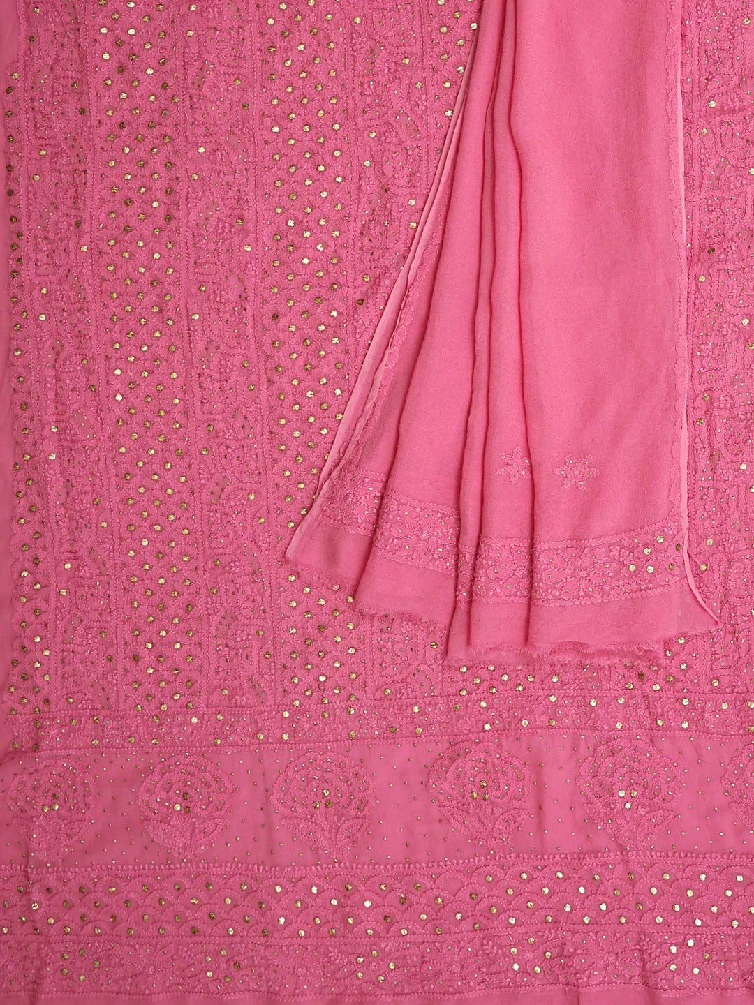 Ada Hand Embroidered Rose Pink Viscose Georgette Lucknowi Chikankari Unstitched Kurta Dupatta Set With Muqaish Work 01A802246