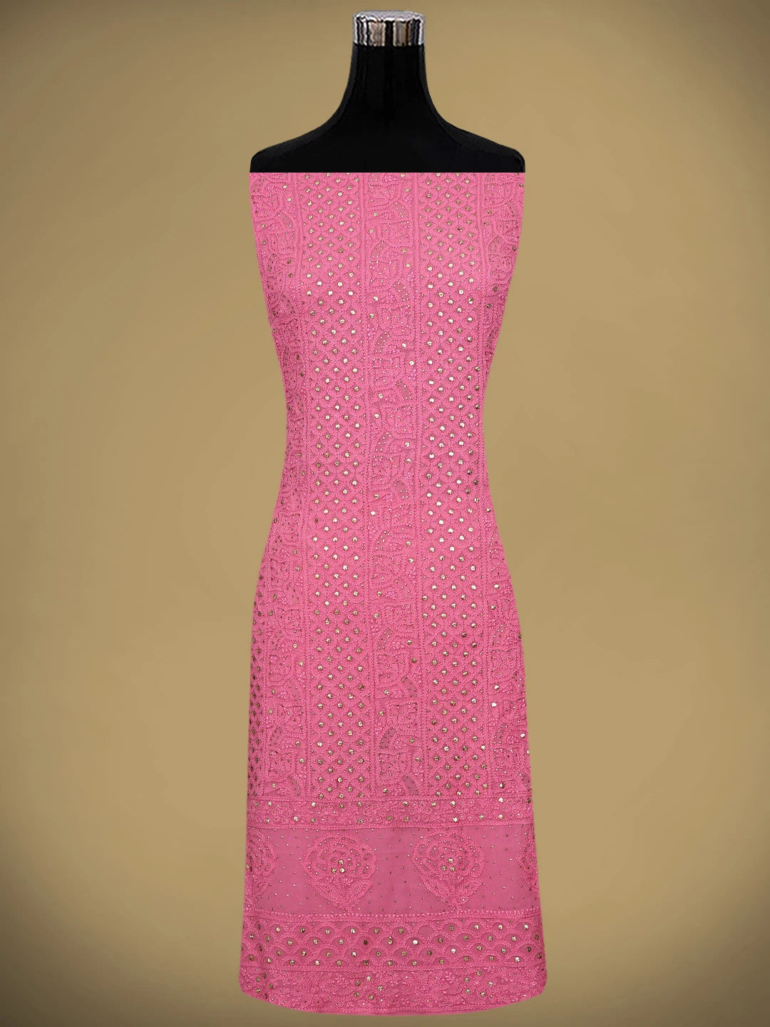 Ada Hand Embroidered Rose Pink Viscose Georgette Lucknowi Chikankari Unstitched Kurta Dupatta Set With Muqaish Work 01A802246
