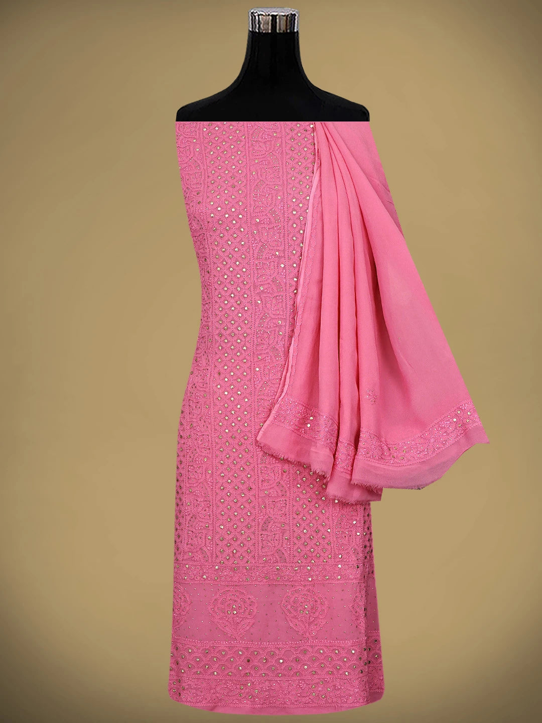 Ada Hand Embroidered Rose Pink Viscose Georgette Lucknowi Chikankari Unstitched Kurta Dupatta Set With Muqaish Work 01A802246