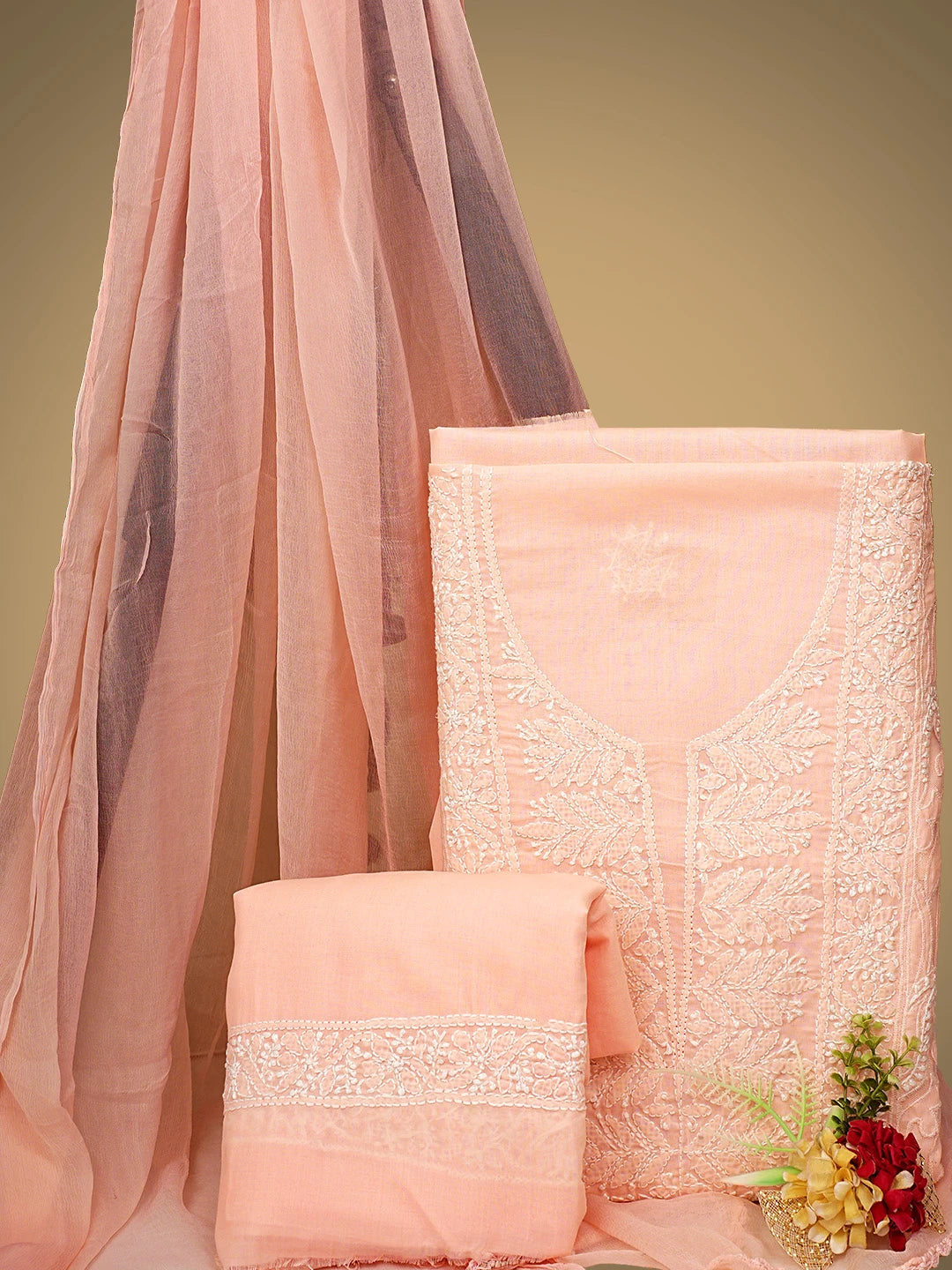 Ada Hand Embroidered Peach Cotton Lucknowi Chikankari Unstitched Suit Piece 01A821973