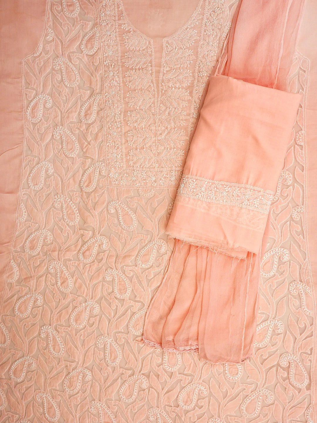 Ada Hand Embroidered Peach Cotton Lucknowi Chikankari Unstitched Suit Piece 01A821973