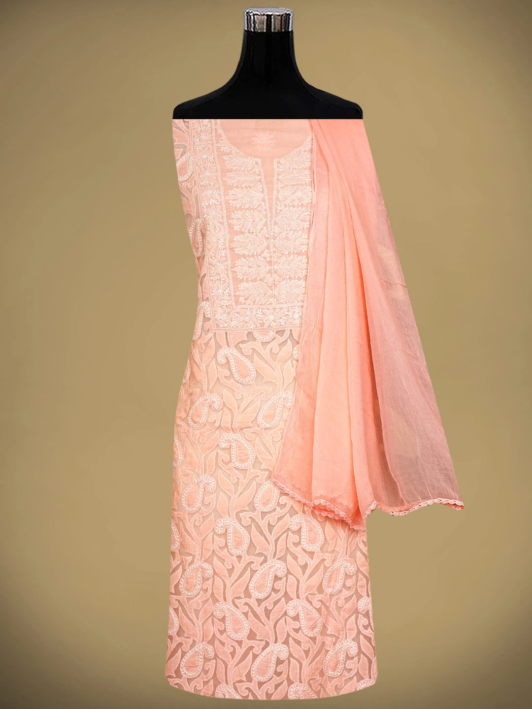 Ada Hand Embroidered Peach Cotton Lucknowi Chikankari Unstitched Suit Piece 01A821973