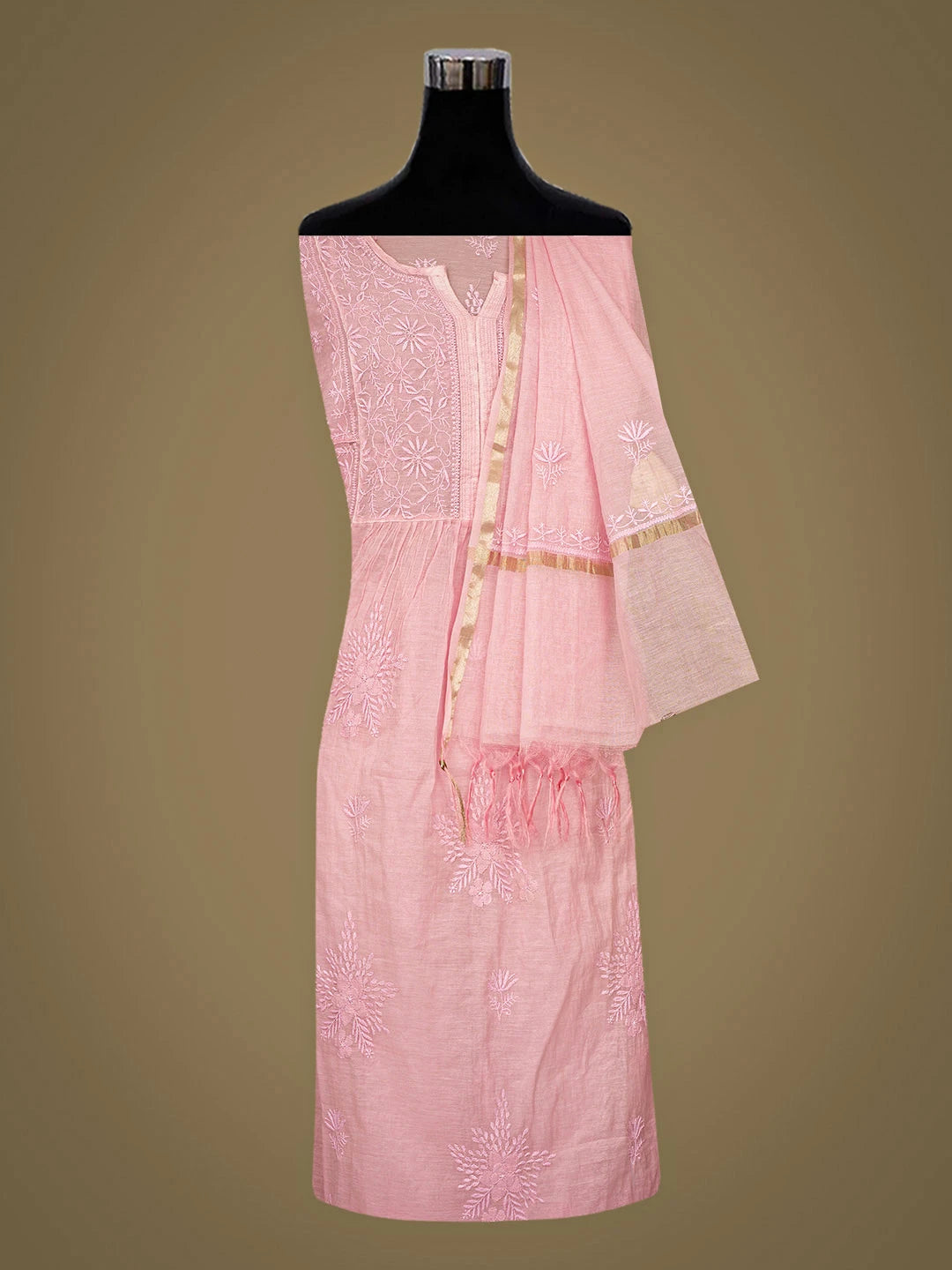 Ada Hand Embroidered Pink Chanderi Lucknowi Chikankari Semi Stitched Kurta Dupatta Set 01A873212