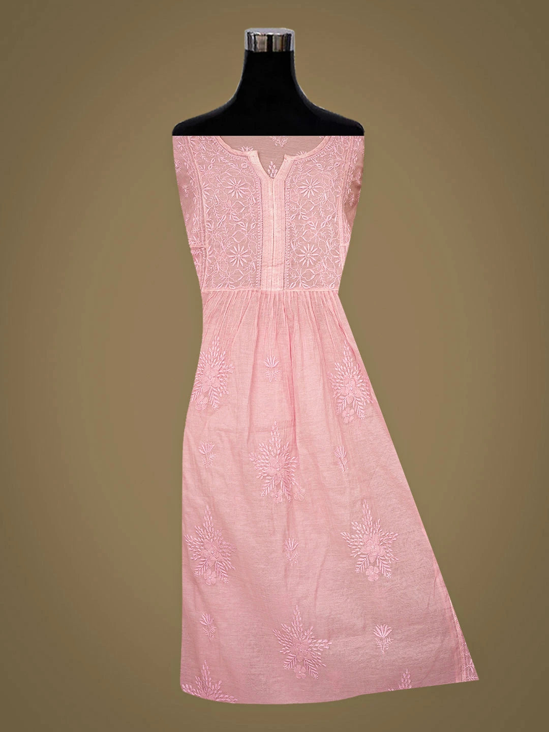 Ada Hand Embroidered Pink Chanderi Lucknowi Chikankari Semi Stitched Kurta Dupatta Set 01A873212