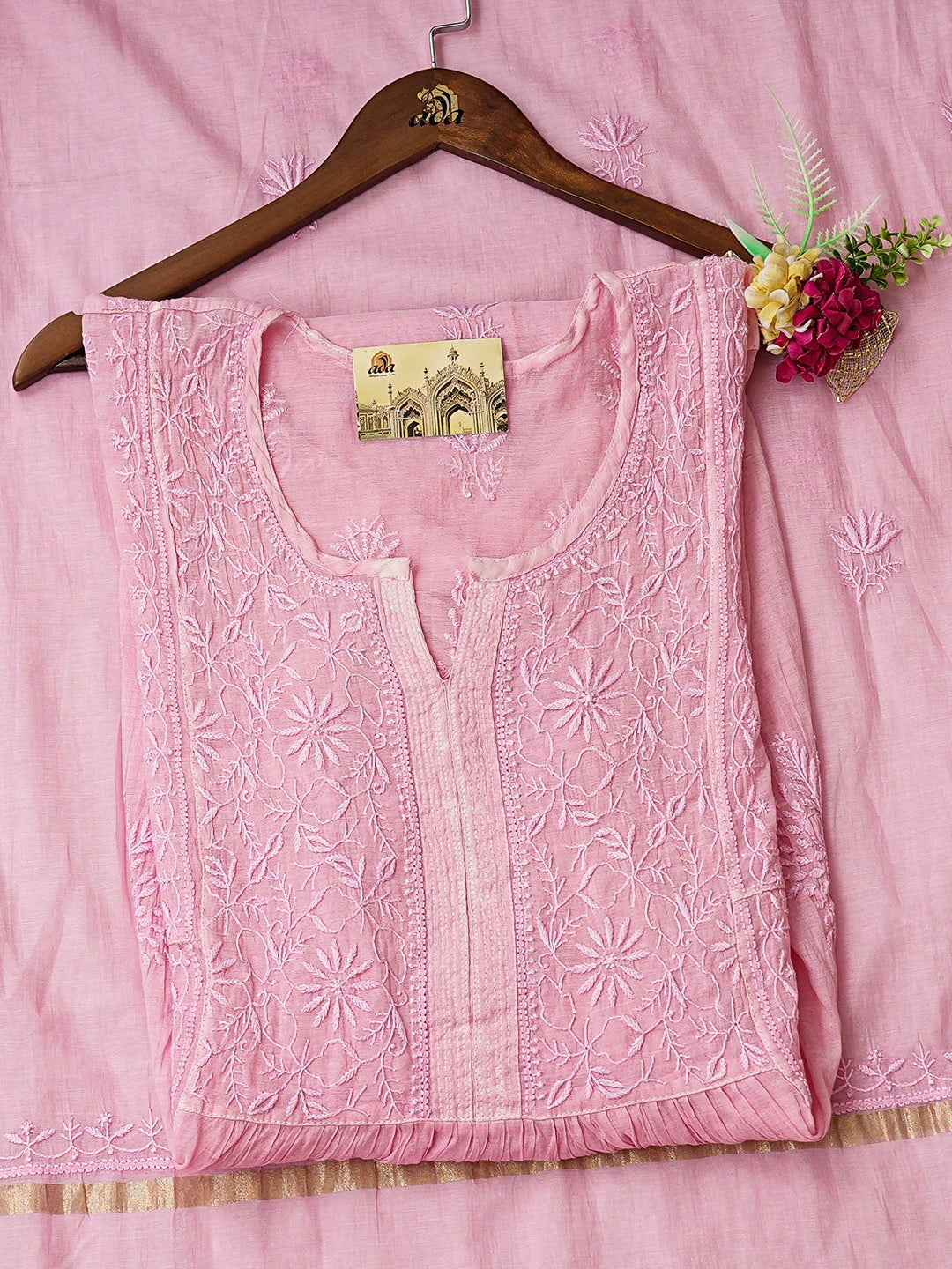 Ada Hand Embroidered Pink Chanderi Lucknowi Chikankari Semi Stitched Kurta Dupatta Set 01A873212