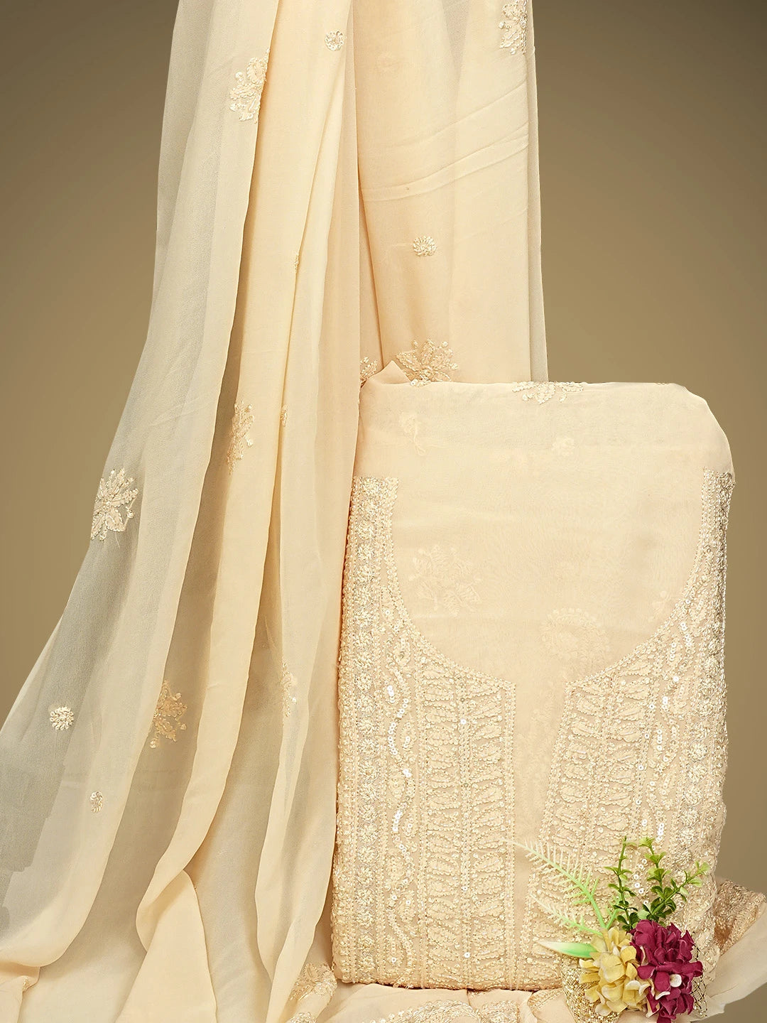 Ada Hand Embroidered Light Peach Viscose Georgette Lucknowi Chikankari Unstitched Kurta Dupatta Set With Sequinned Work 01A724589