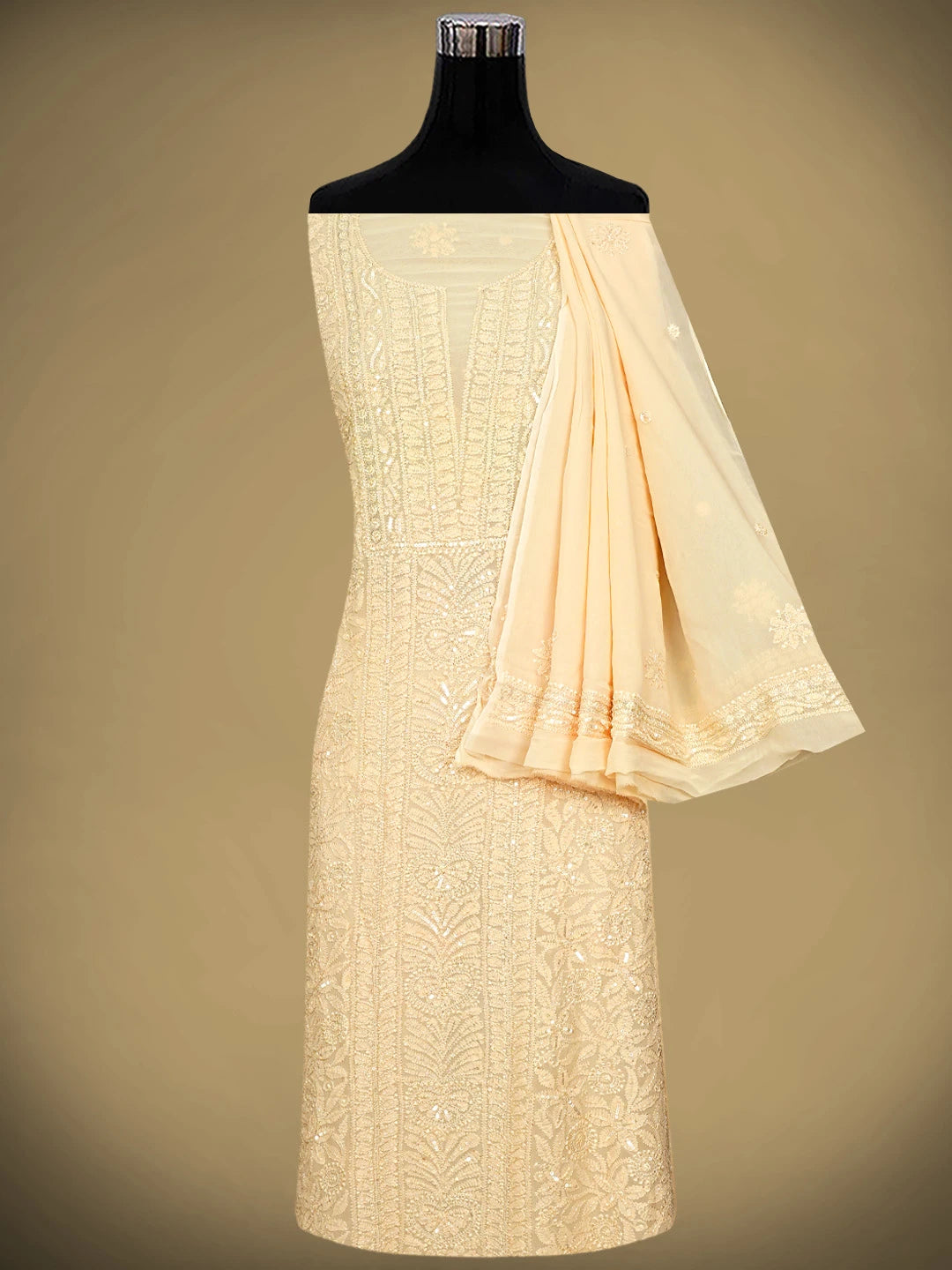 Ada Hand Embroidered Light Peach Viscose Georgette Lucknowi Chikankari Unstitched Kurta Dupatta Set With Sequinned Work 01A724589