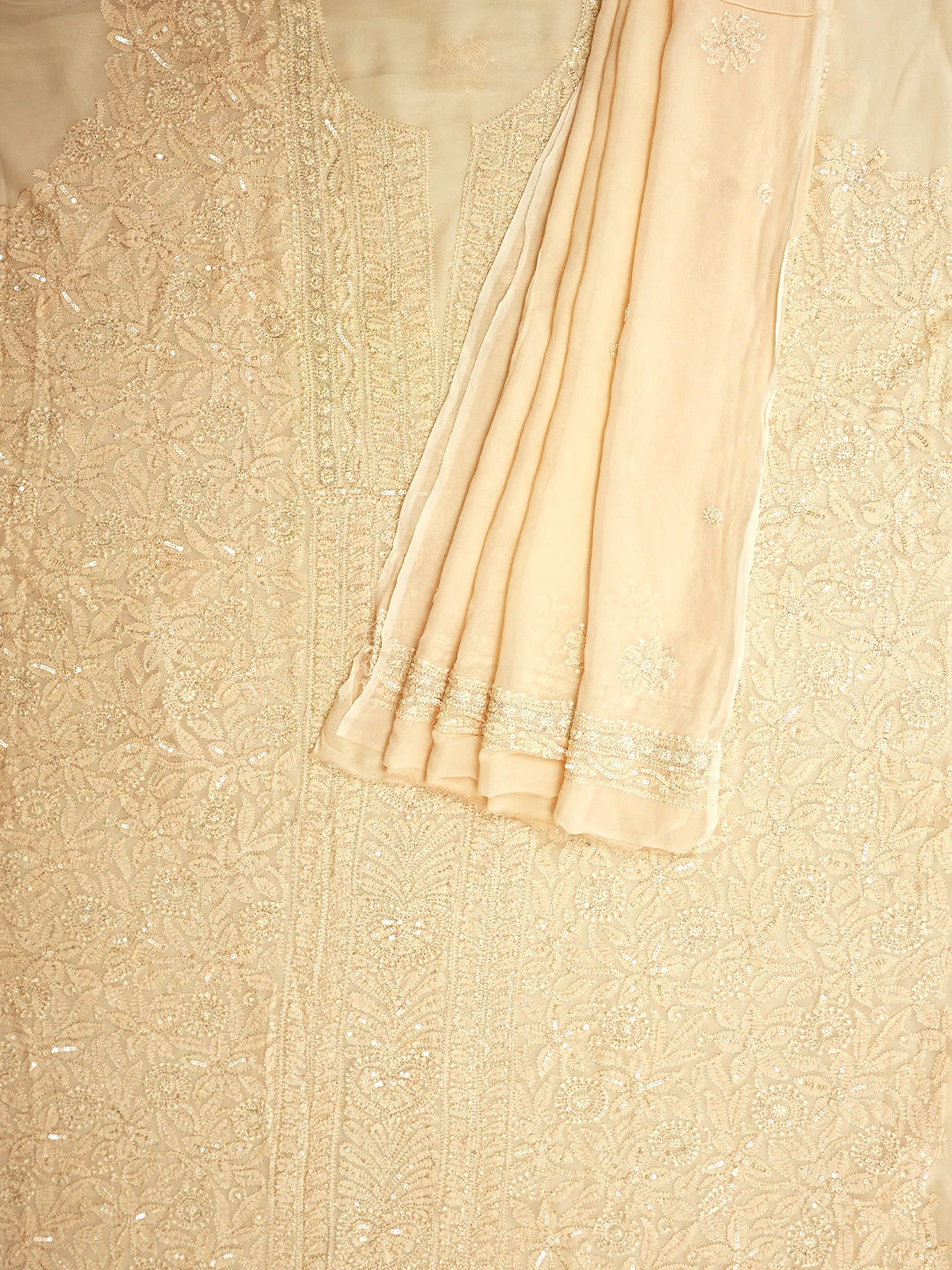 Ada Hand Embroidered Light Peach Viscose Georgette Lucknowi Chikankari Unstitched Kurta Dupatta Set With Sequinned Work 01A724589