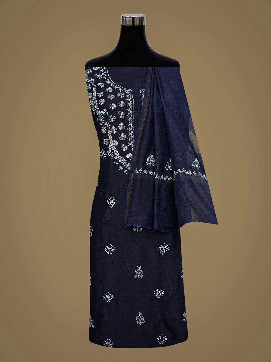 Ada Hand Embroidered Navy Blue Chanderi Lucknowi Chikankari Unstitched Kurta Dupatta Set 01A923183