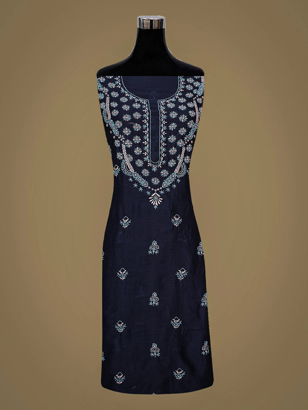 Ada Hand Embroidered Navy Blue Chanderi Lucknowi Chikankari Unstitched Kurta Dupatta Set 01A923183