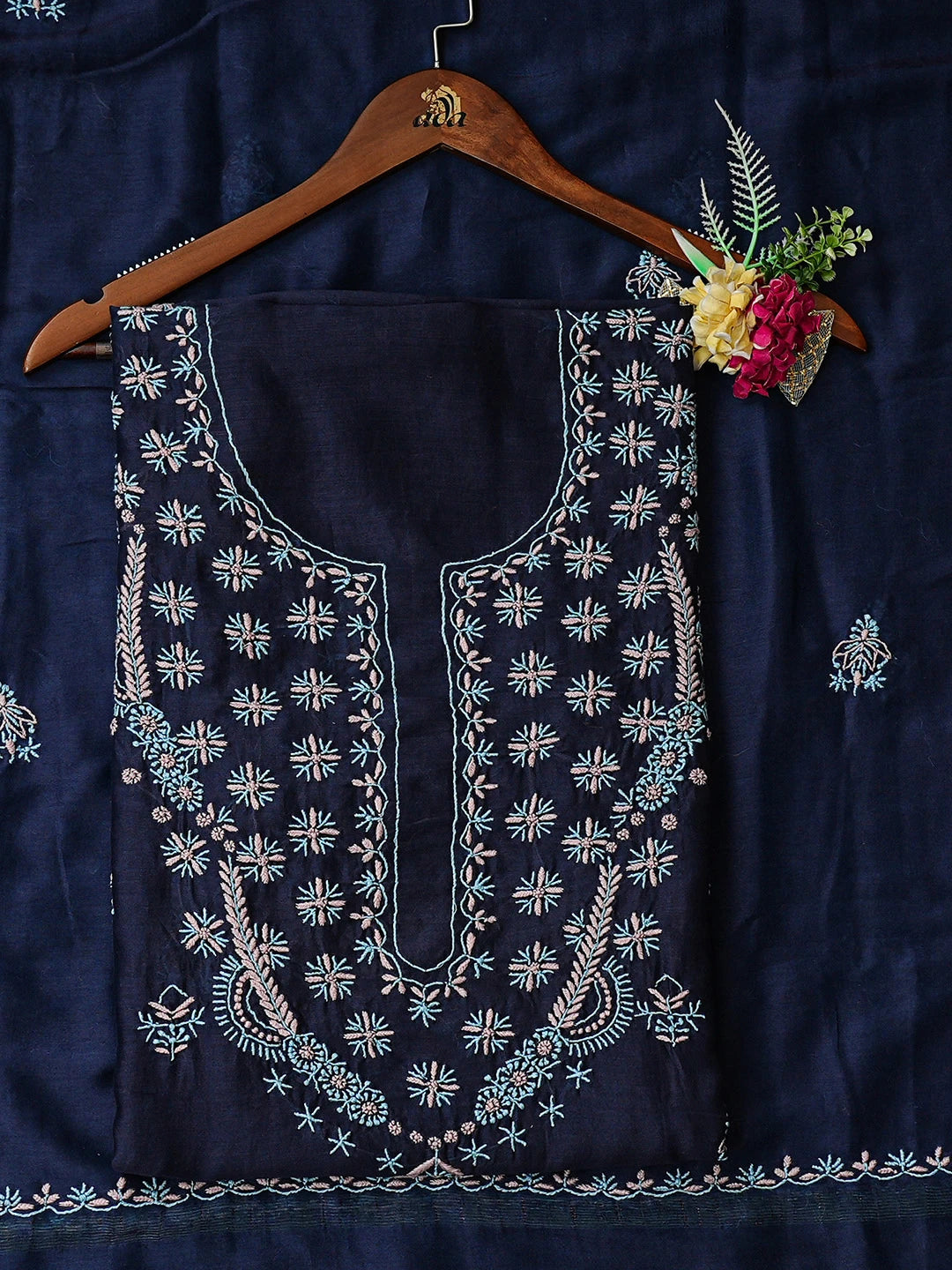 Ada Hand Embroidered Navy Blue Chanderi Lucknowi Chikankari Unstitched Kurta Dupatta Set 01A923183