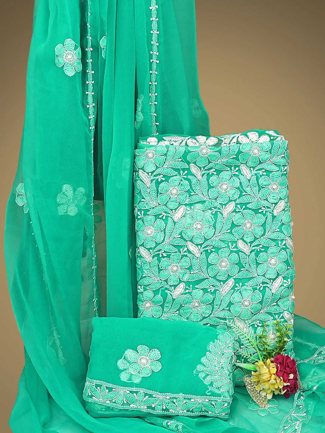 Ada Hand Embroidered Rama Green Georgette Lucknowi Chikankari Unstitched Suit Piece 01A780078