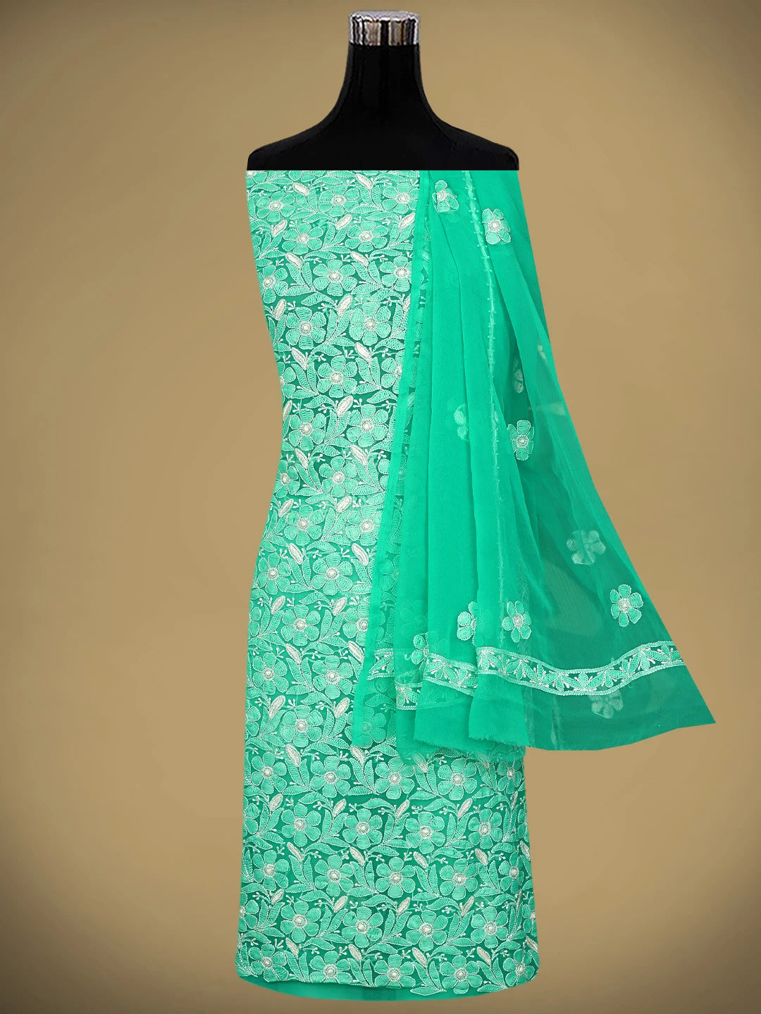 Ada Hand Embroidered Rama Green Georgette Lucknowi Chikankari Unstitched Suit Piece 01A780078