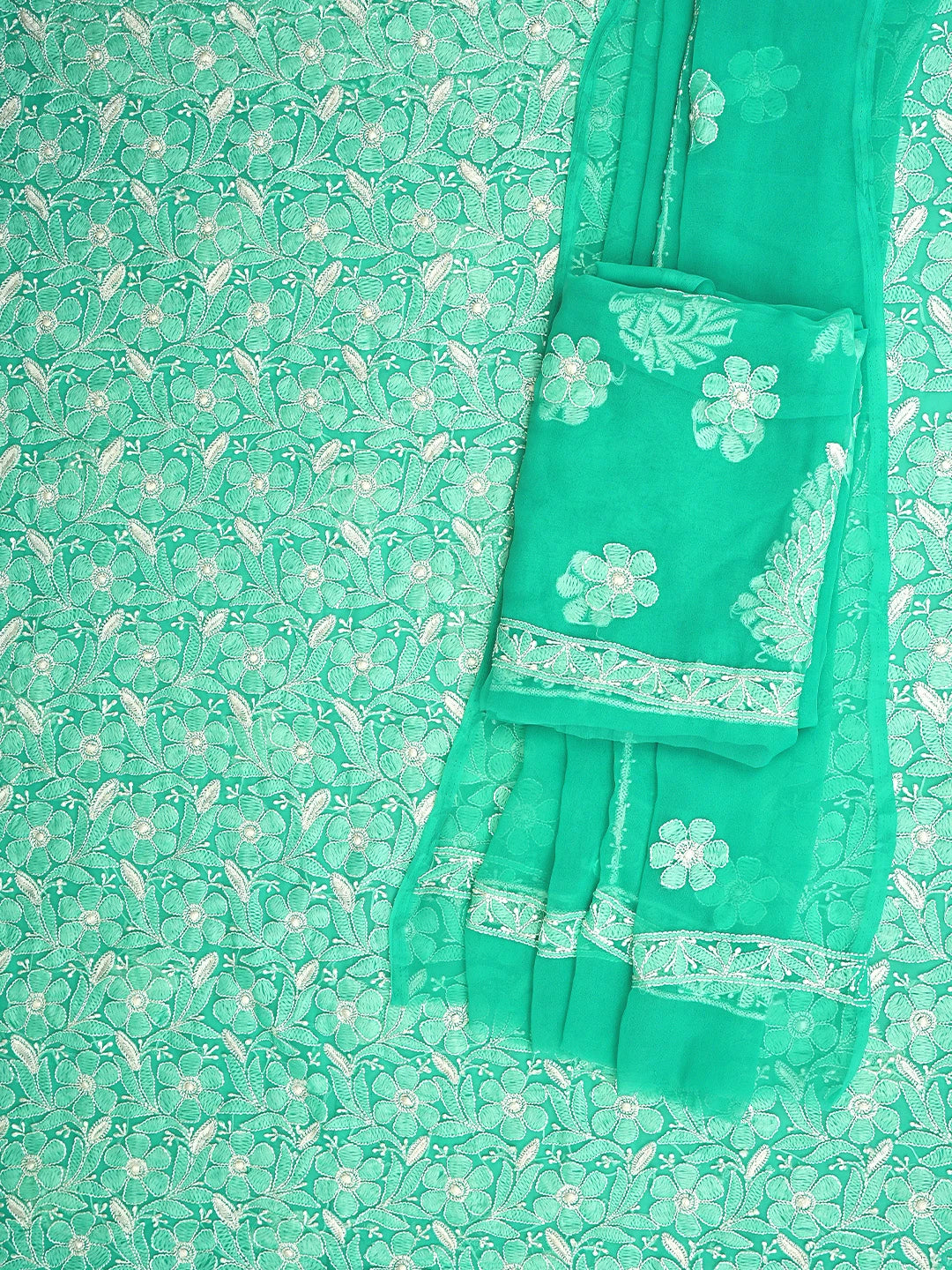 Ada Hand Embroidered Rama Green Georgette Lucknowi Chikankari Unstitched Suit Piece 01A780078