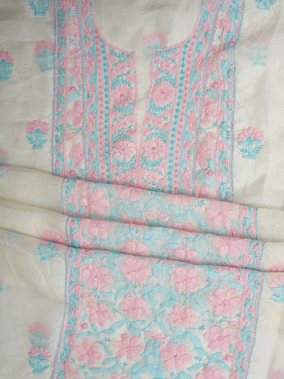 Ada Hand Embroidered Beige Organza Lucknowi Chikankari Unstitched Kurta Dupatta Set 01A877584