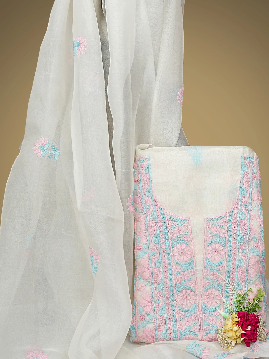 Ada Hand Embroidered Beige Organza Lucknowi Chikankari Unstitched Kurta Dupatta Set 01A877584