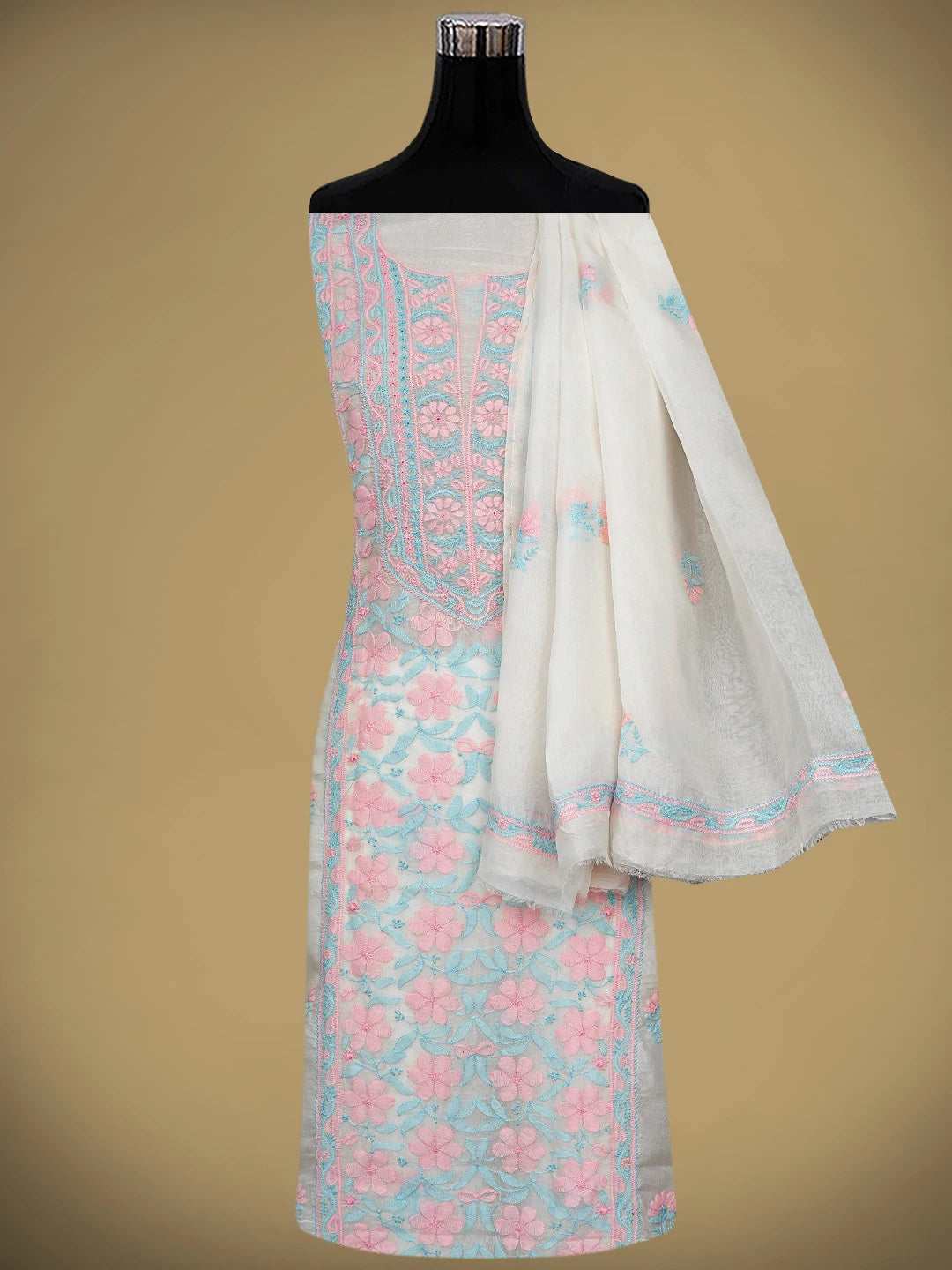 Ada Hand Embroidered Beige Organza Lucknowi Chikankari Unstitched Kurta Dupatta Set 01A877584