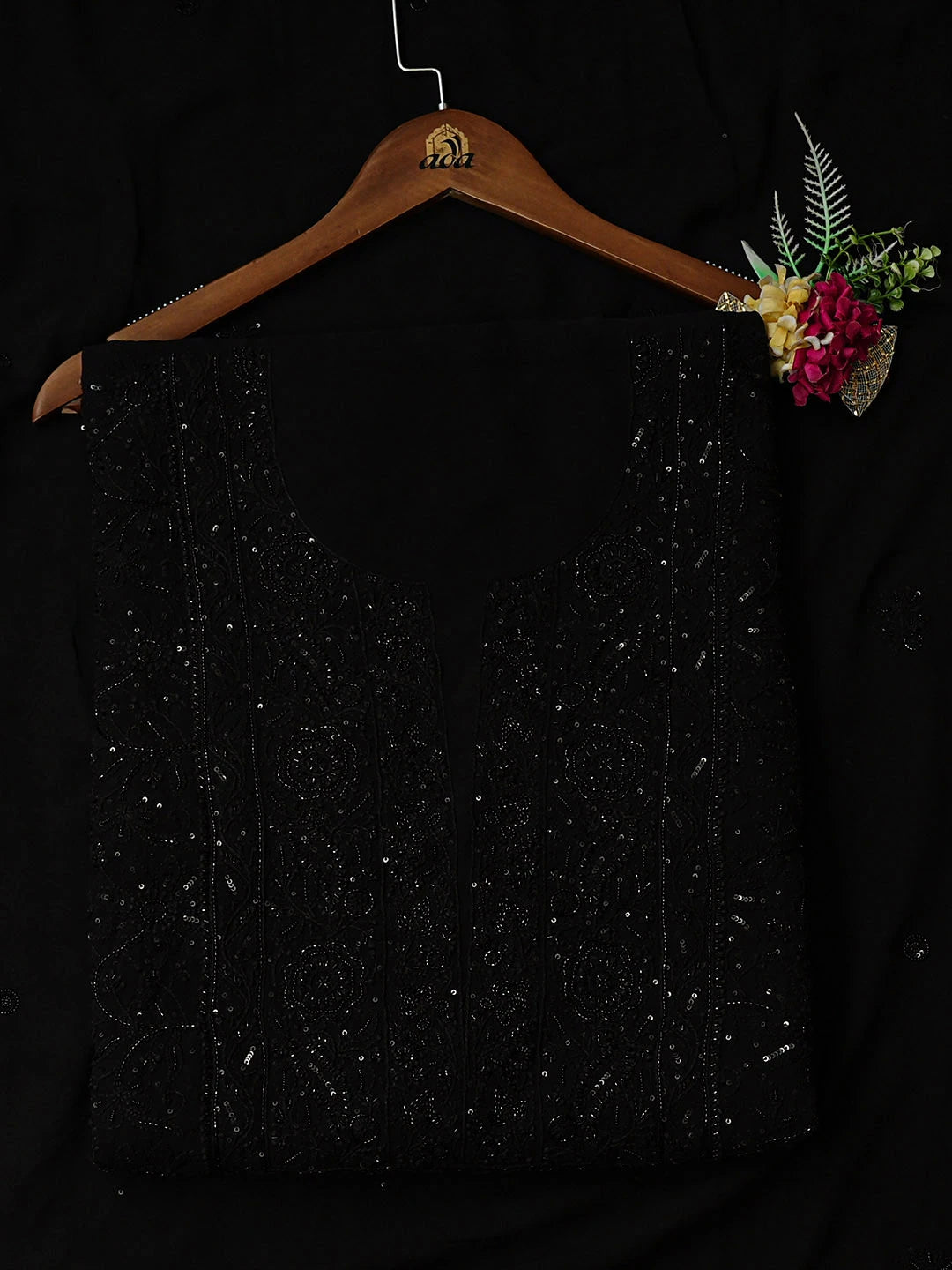 Ada Hand Embroidered Black Viscose Georgette Lucknowi Chikankari Unstitched Kurta Dupatta Set With Cutdana Work A622137