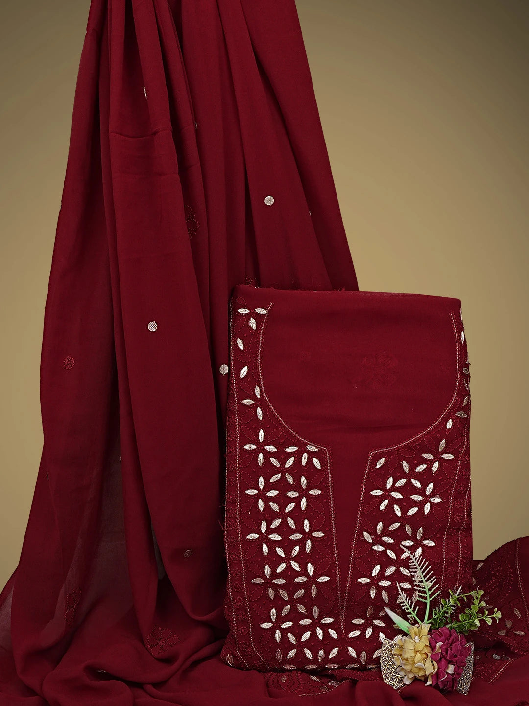 Ada Hand Embroidered Maroon Viscose Georgette Lucknowi Chikankari UnStitched Kurta Dupatta Set With Gota Patti Work 01A933452