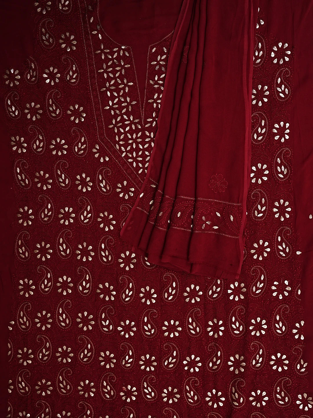 Ada Hand Embroidered Maroon Viscose Georgette Lucknowi Chikankari UnStitched Kurta Dupatta Set With Gota Patti Work 01A933452