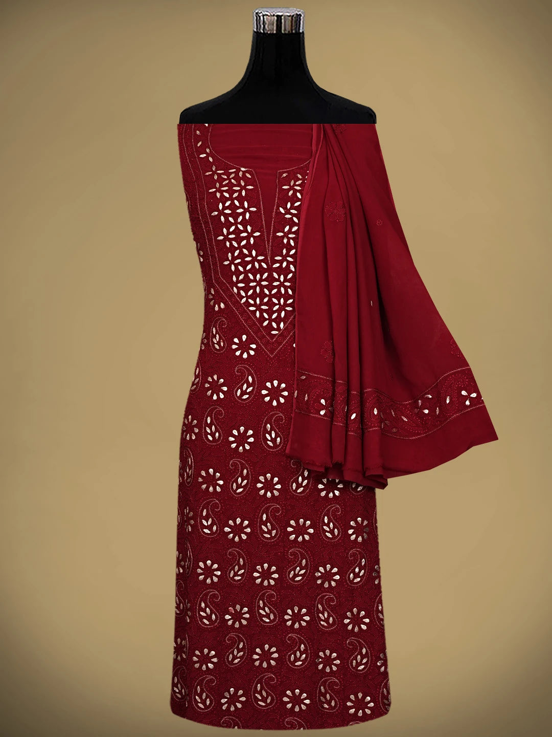 Ada Hand Embroidered Maroon Viscose Georgette Lucknowi Chikankari UnStitched Kurta Dupatta Set With Gota Patti Work 01A933452