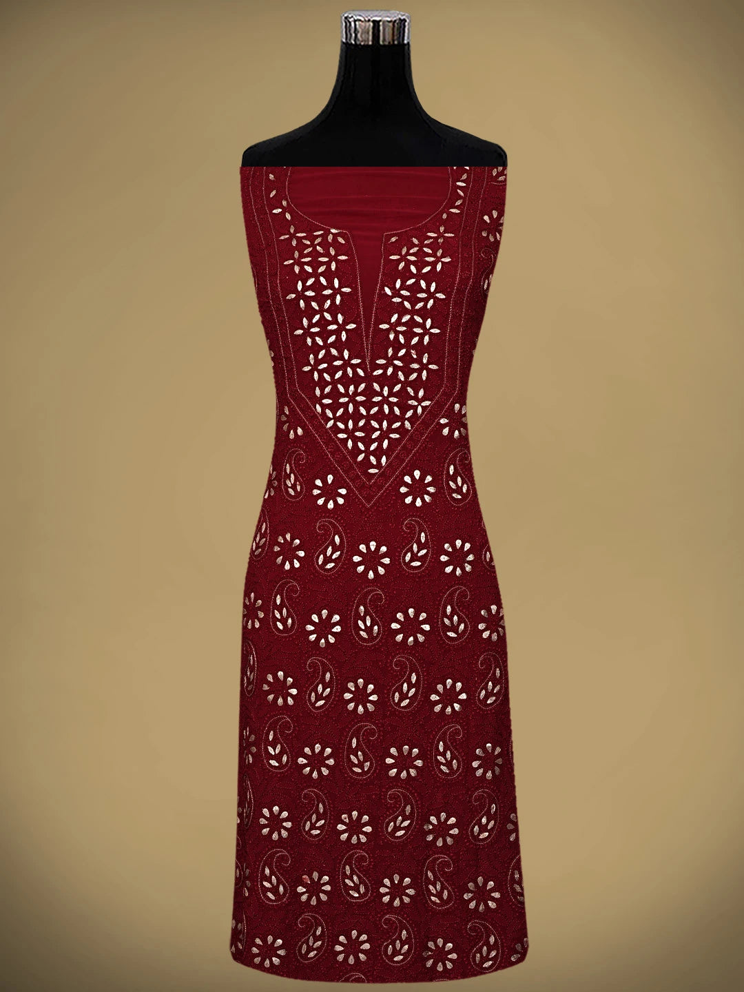 Ada Hand Embroidered Maroon Viscose Georgette Lucknowi Chikankari UnStitched Kurta Dupatta Set With Gota Patti Work 01A933452